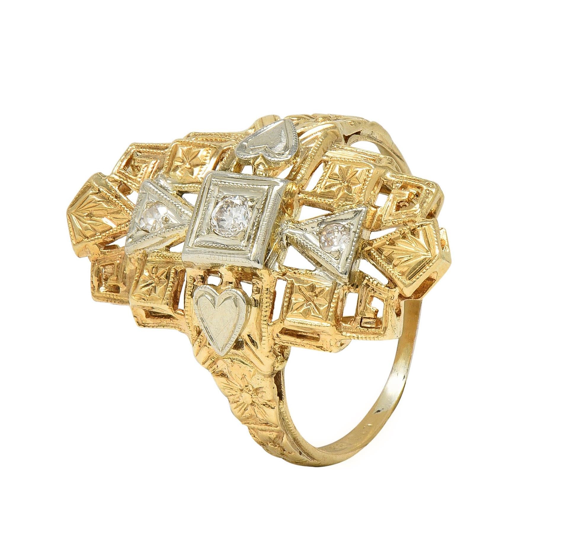 Art Deco Diamond 14 Karat Two-Tone Gold Streamline Heart Navette Dinner Ring