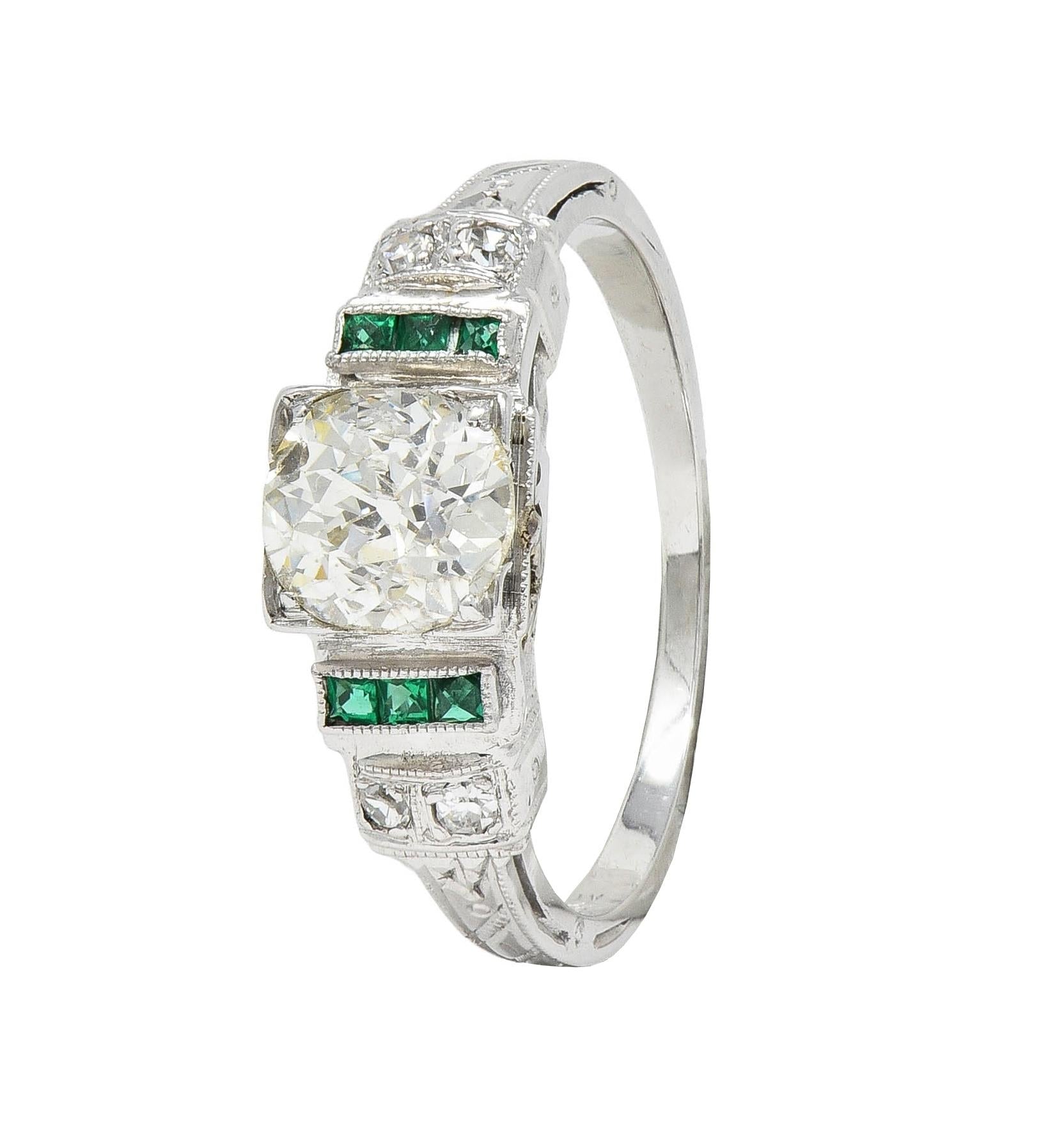 Mid-Century European Diamond Emerald 18 Karat White Gold Vintage Engagement Ring