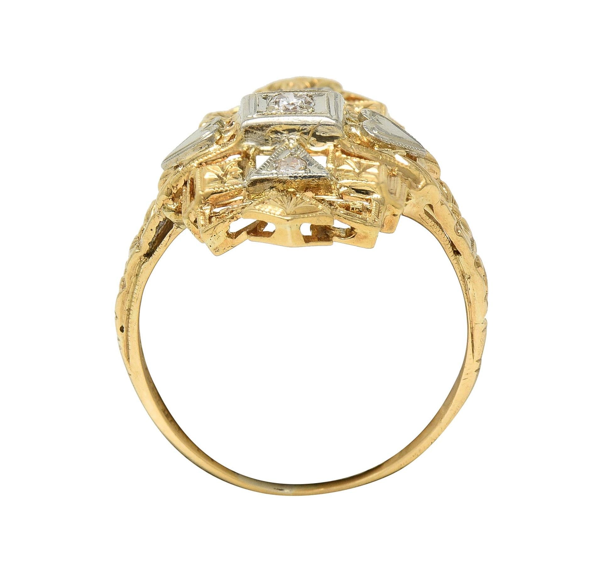 Art Deco Diamond 14 Karat Two-Tone Gold Streamline Heart Navette Dinner Ring