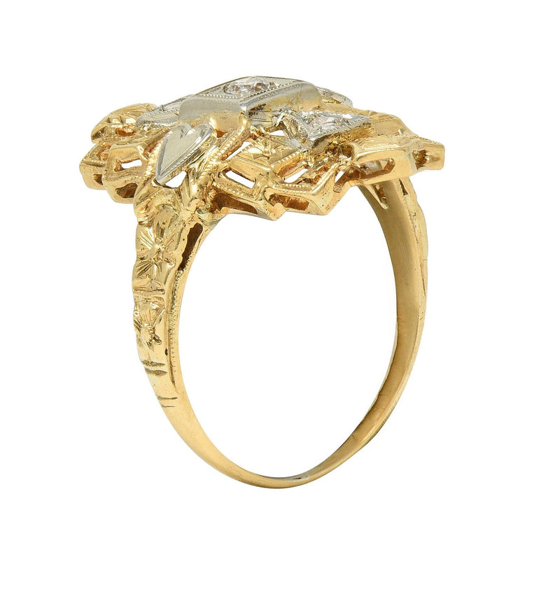 Art Deco Diamond 14 Karat Two-Tone Gold Streamline Heart Navette Dinner Ring