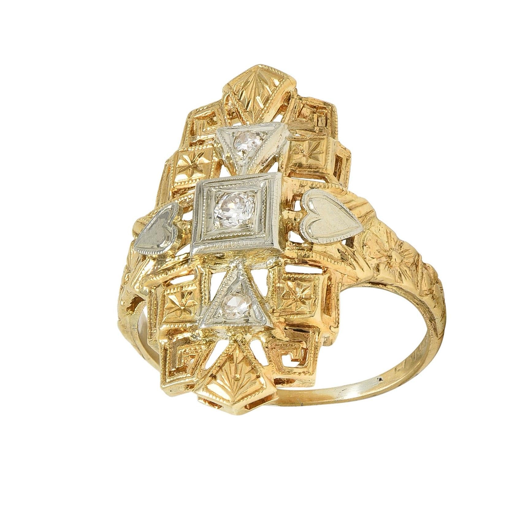 Art Deco Diamond 14 Karat Two-Tone Gold Streamline Heart Navette Dinner Ring