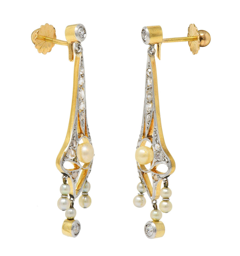 Edwardian 0.36 CTW Diamond Pearl Platinum-Topped 18K Gold Antique Drop Earrings