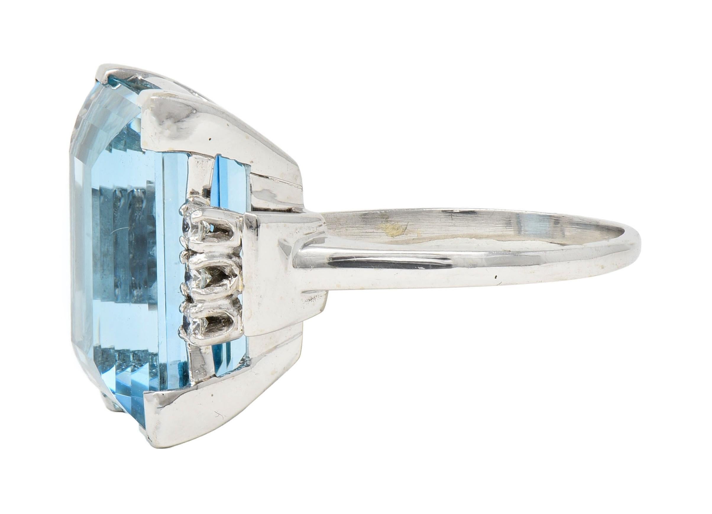 Mid-Century 19.50 CTW Aquamarine Diamond 18K White Gold Vintage Cocktail Ring