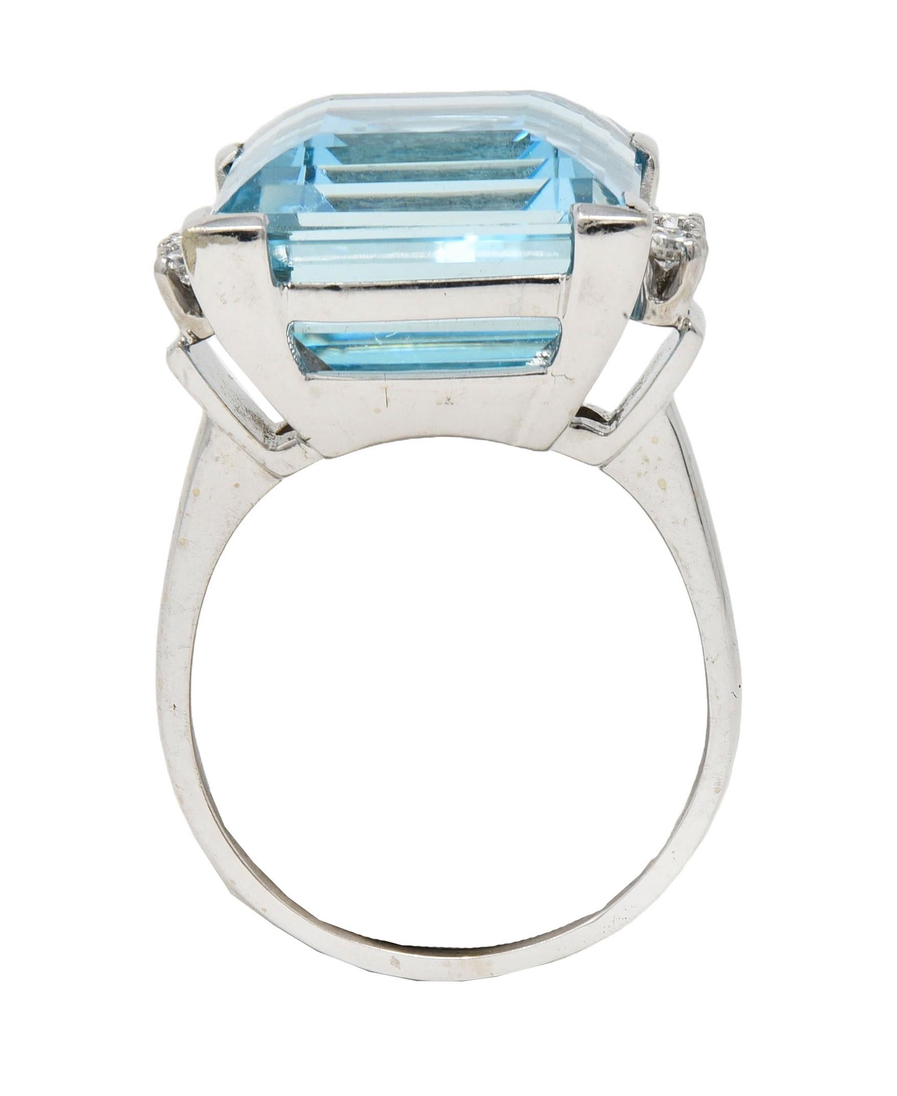 Mid-Century 19.50 CTW Aquamarine Diamond 18K White Gold Vintage Cocktail Ring