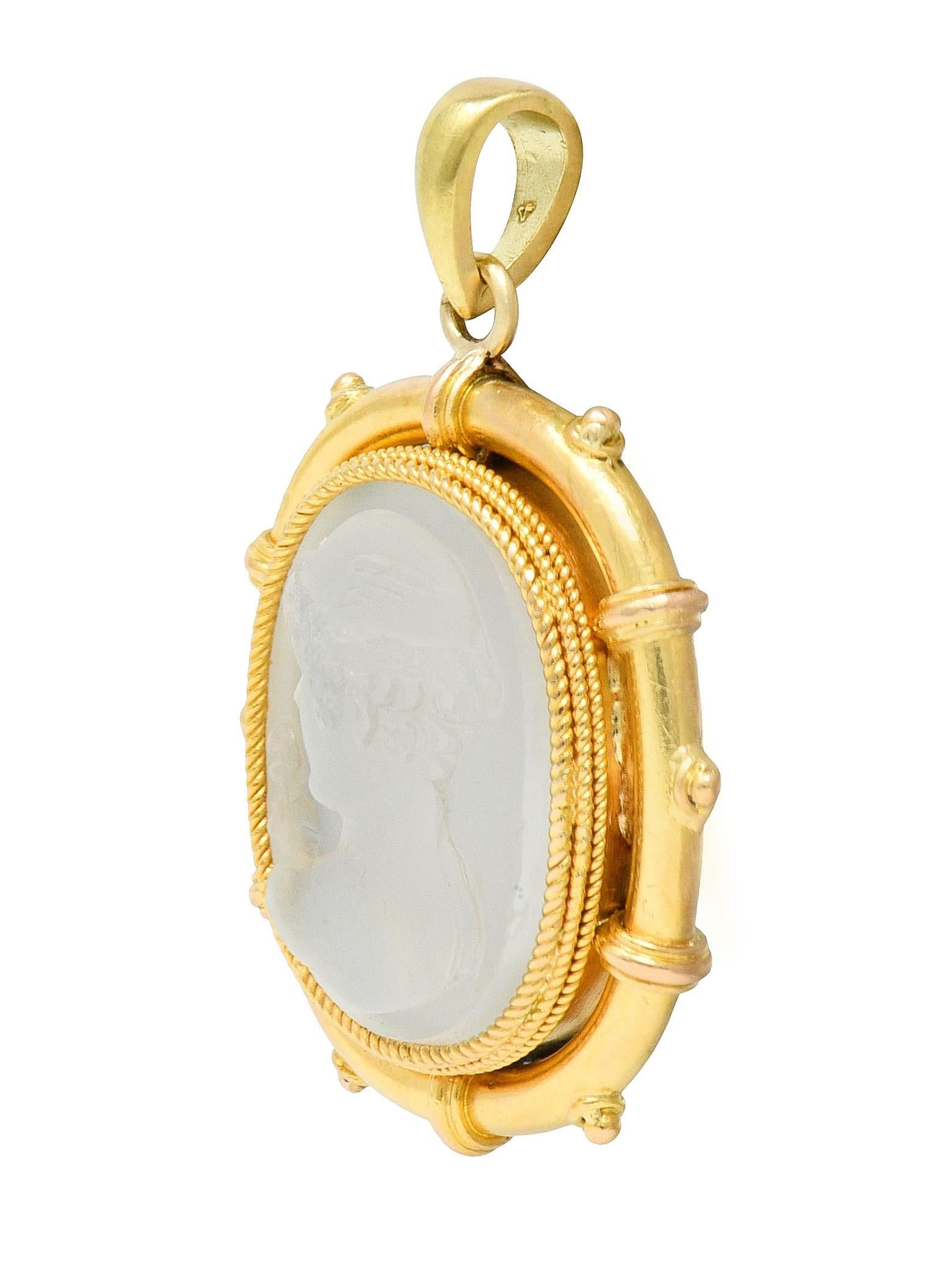 Victorian Carved Moonstone 14 Karat Yellow Gold Hermes Antique Cameo Pendant