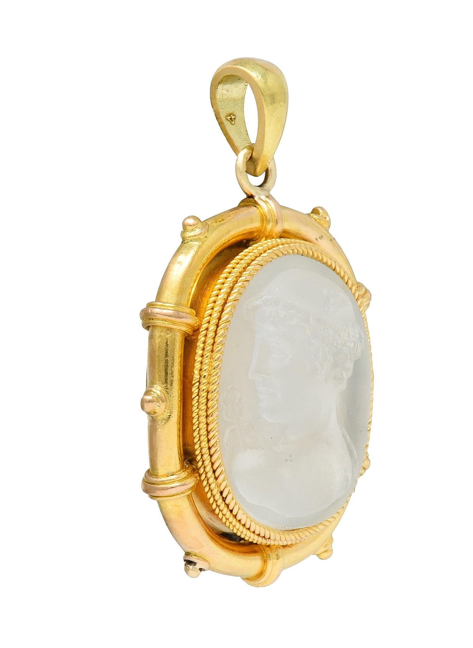 Victorian Carved Moonstone 14 Karat Yellow Gold Hermes Antique Cameo Pendant