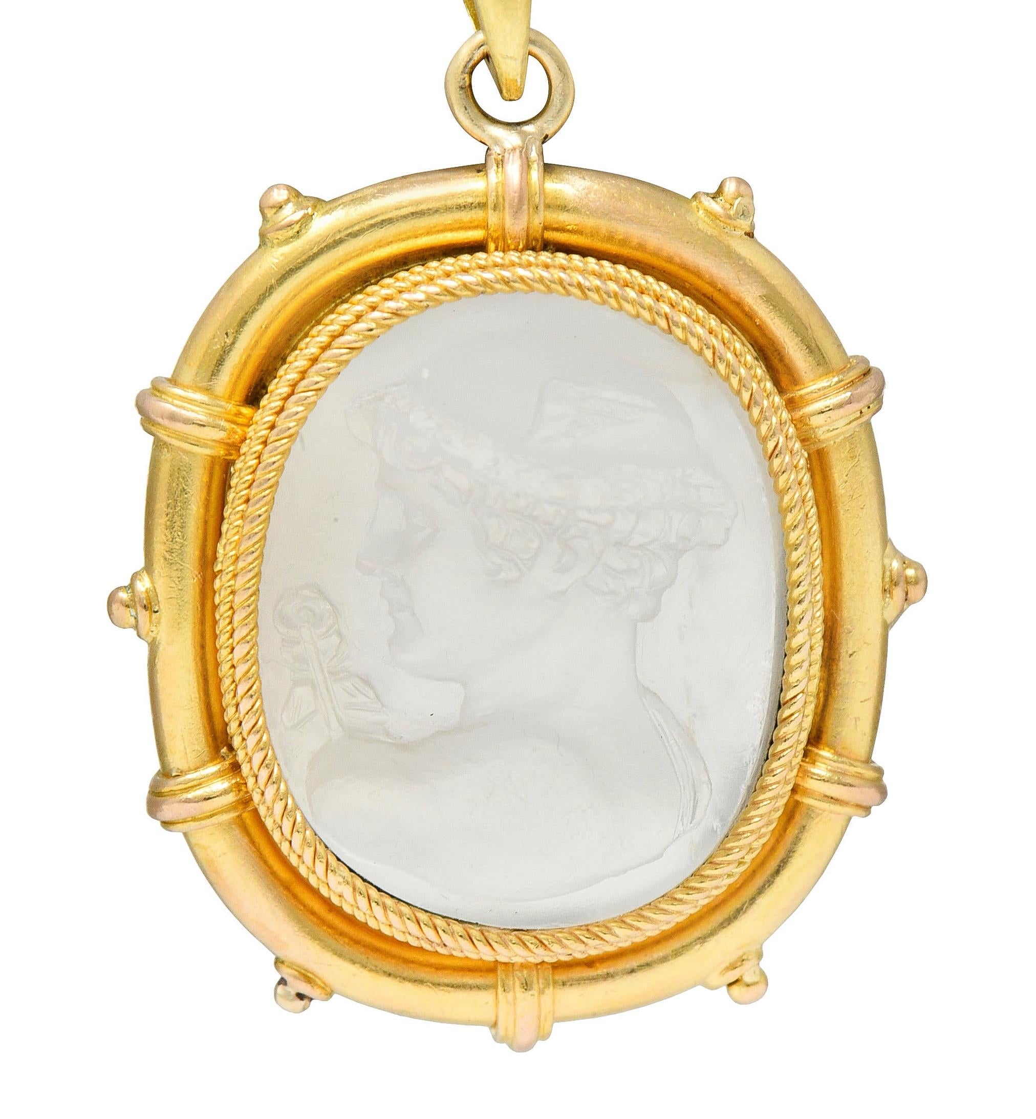 Victorian Carved Moonstone 14 Karat Yellow Gold Hermes Antique Cameo Pendant