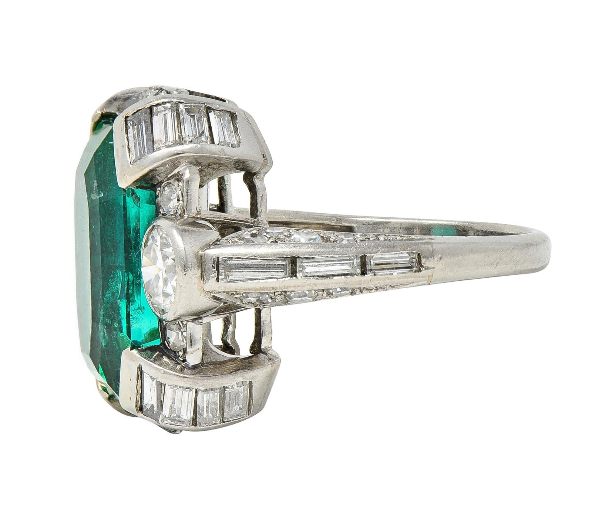 Mid-Century 9.90 CTW Colombian Emerald Diamond Platinum Vintage Ring AGL