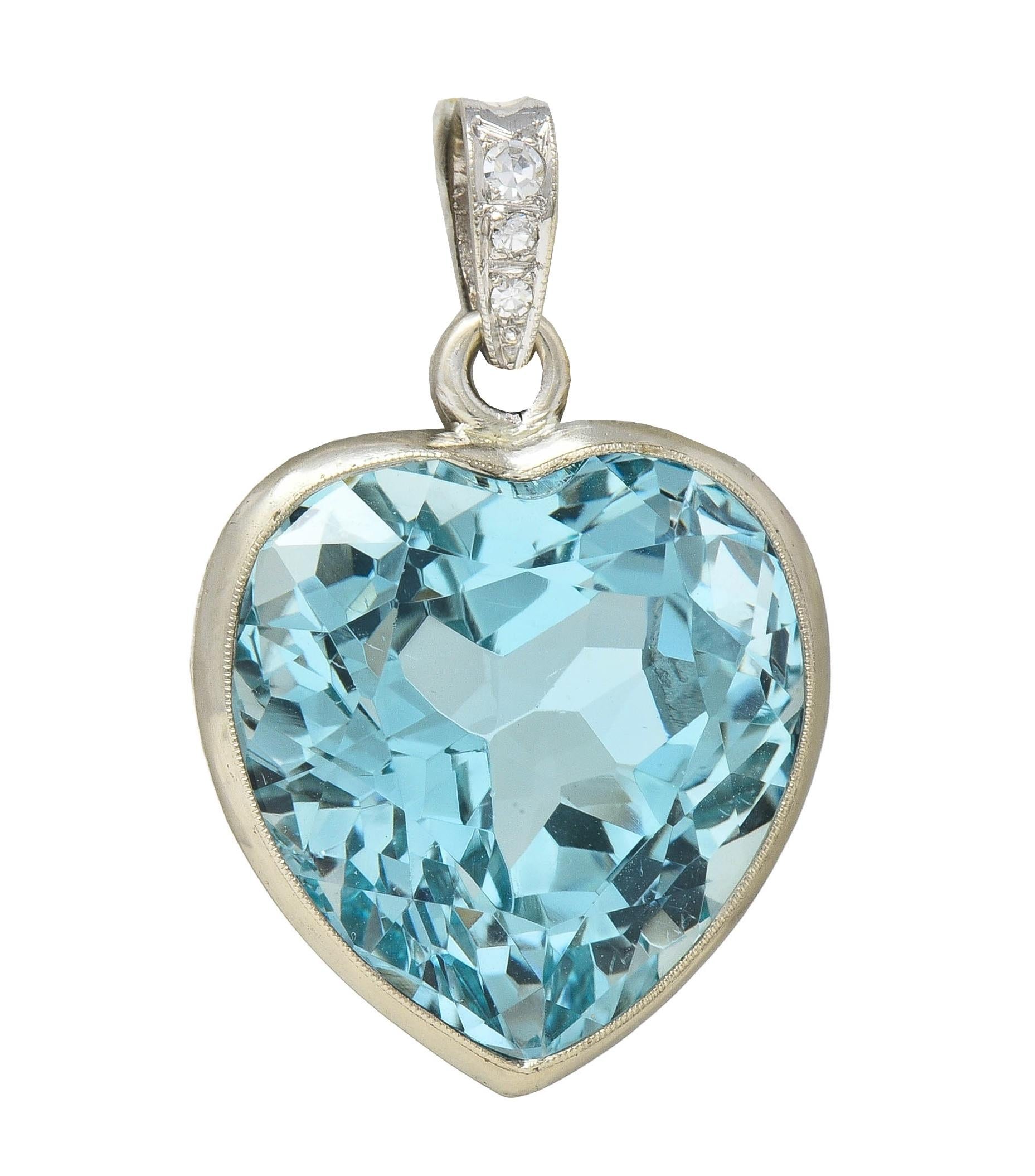 Art Deco 24.55 CTW Aquamarine Diamond 14 Karat White Gold Vintage Heart Pendant