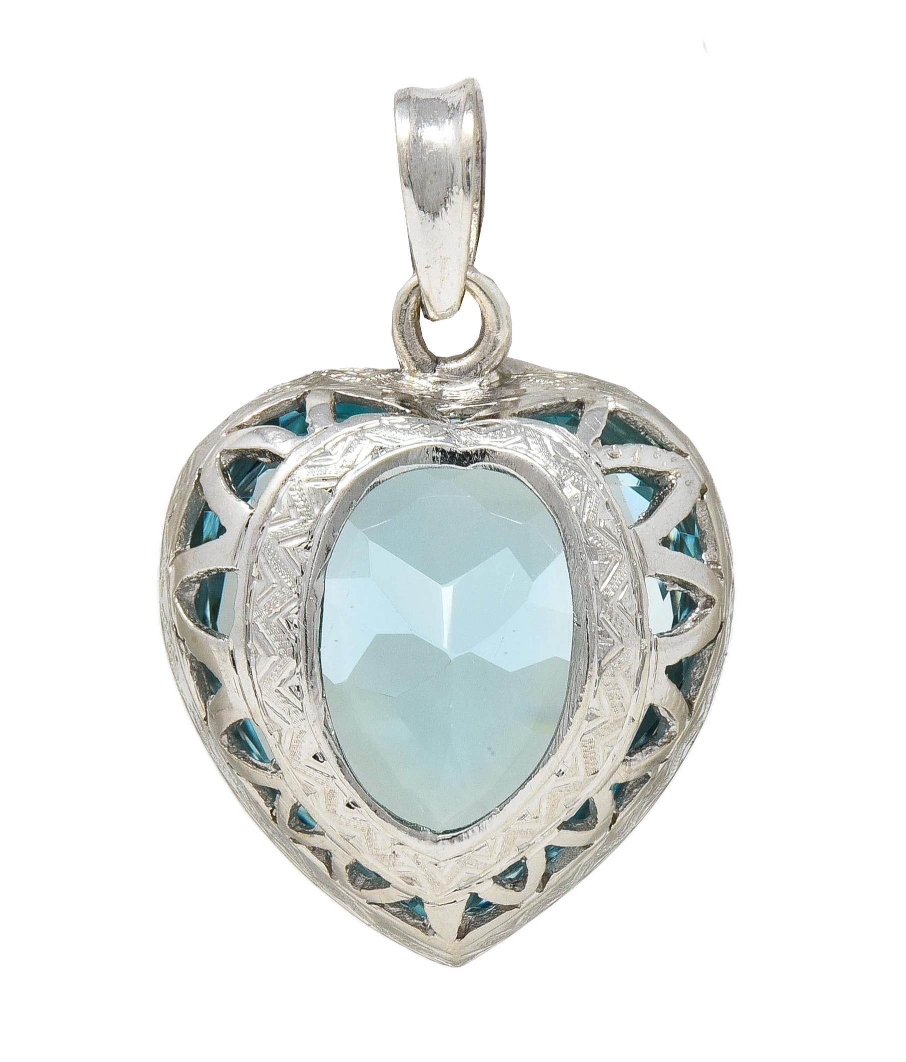 Art Deco 24.55 CTW Aquamarine Diamond 14 Karat White Gold Vintage Heart Pendant