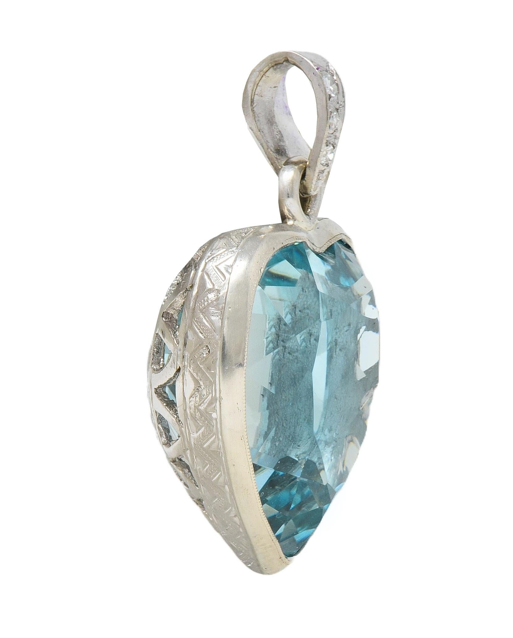 Art Deco 24.55 CTW Aquamarine Diamond 14 Karat White Gold Vintage Heart Pendant