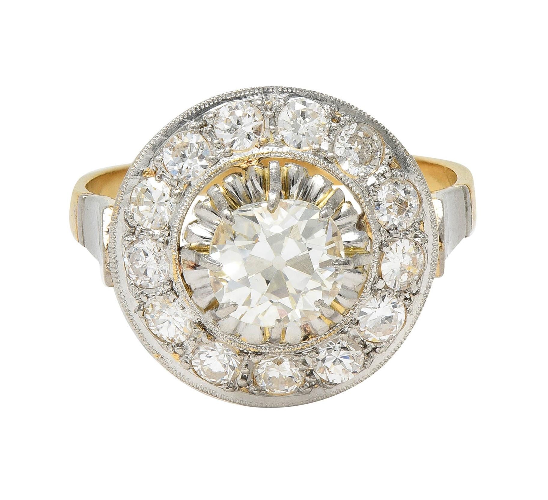 Art Deco 2.00 CTW Mine Cut Diamond Platinum 18 Karat Gold Vintage Halo Ring