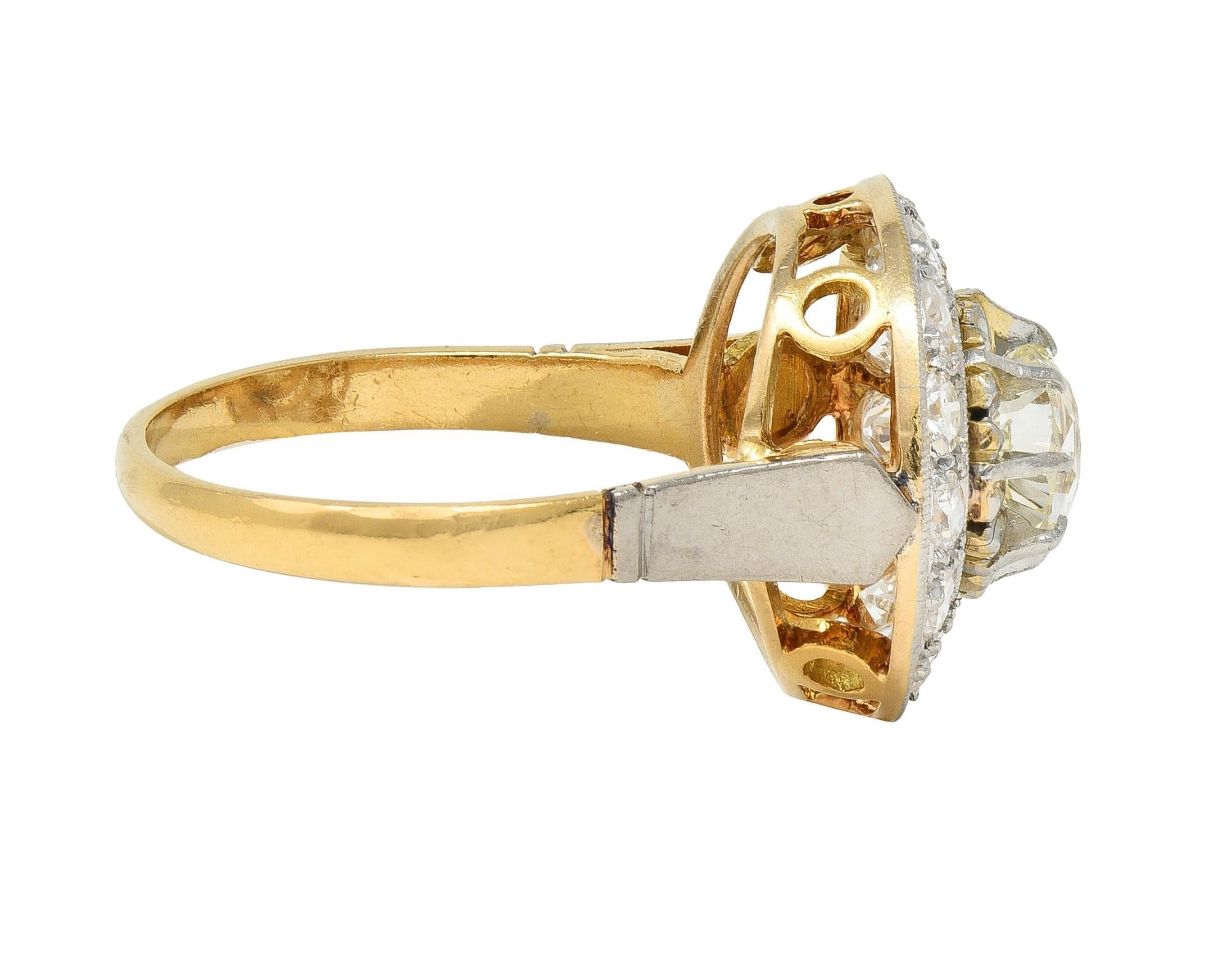 Art Deco 2.00 CTW Mine Cut Diamond Platinum 18 Karat Gold Vintage Halo Ring