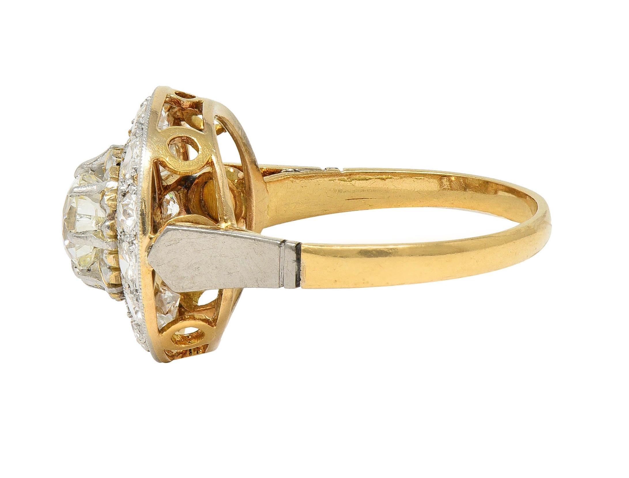 Art Deco 2.00 CTW Mine Cut Diamond Platinum 18 Karat Gold Vintage Halo Ring