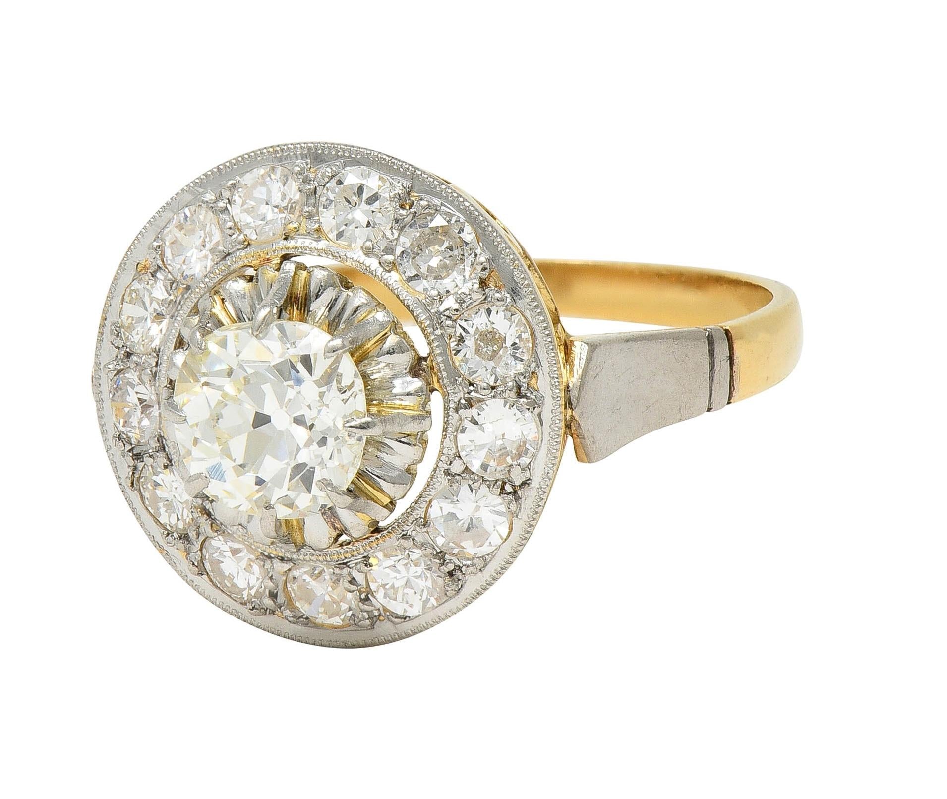 Art Deco 2.00 CTW Mine Cut Diamond Platinum 18 Karat Gold Vintage Halo Ring