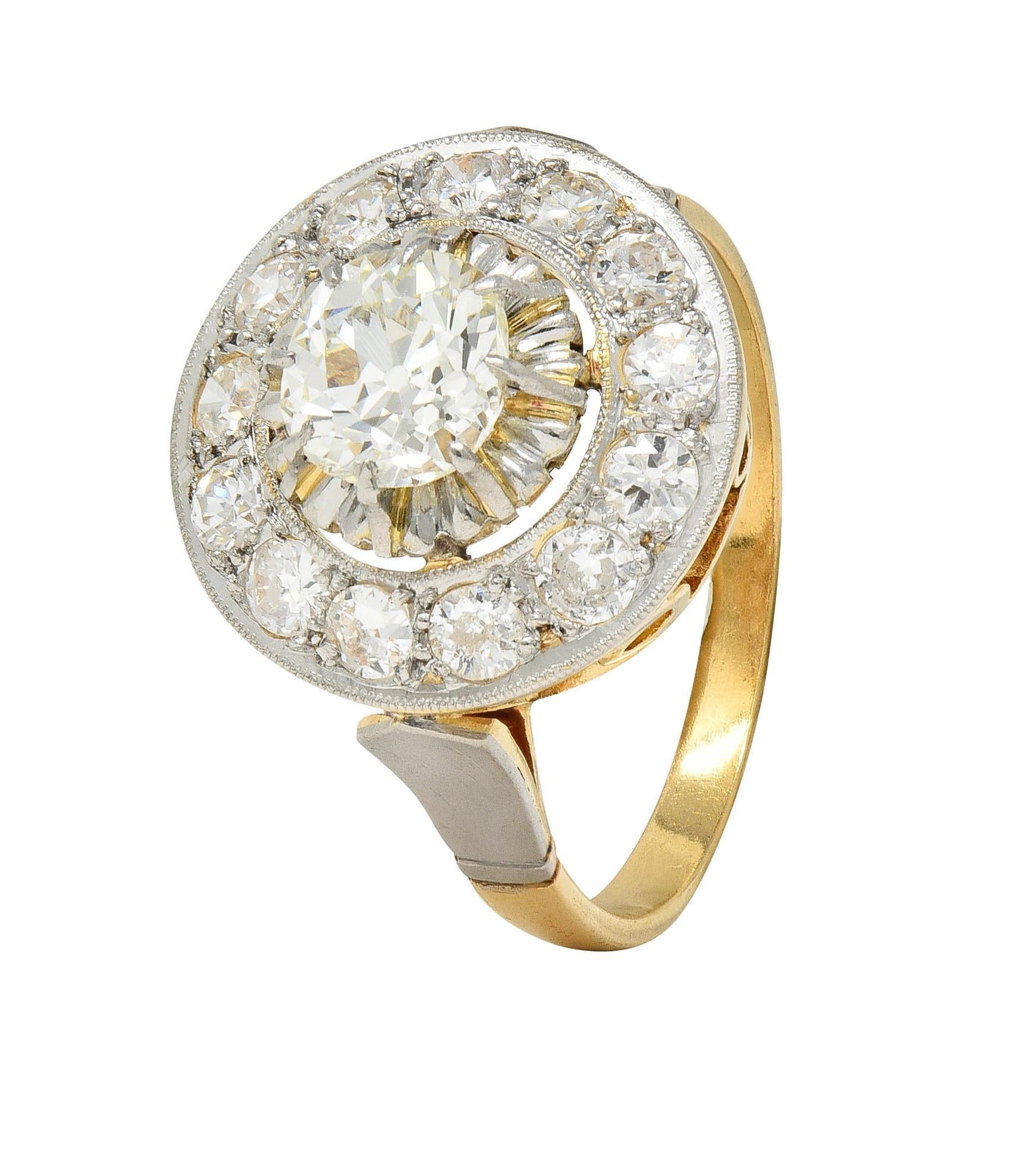 Art Deco 2.00 CTW Mine Cut Diamond Platinum 18 Karat Gold Vintage Halo Ring