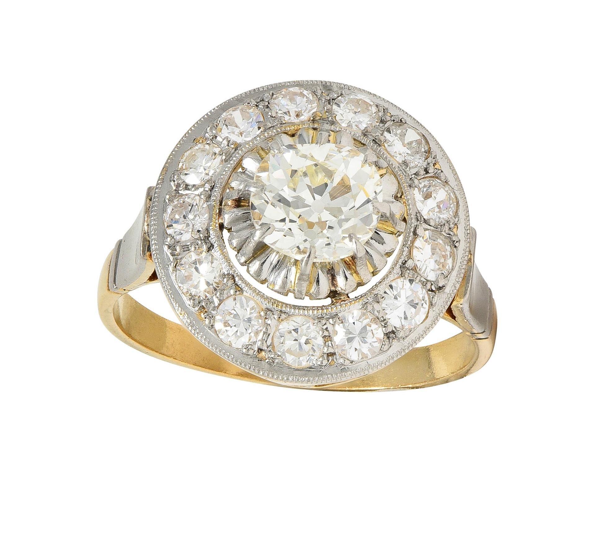 Art Deco 2.00 CTW Mine Cut Diamond Platinum 18 Karat Gold Vintage Halo Ring