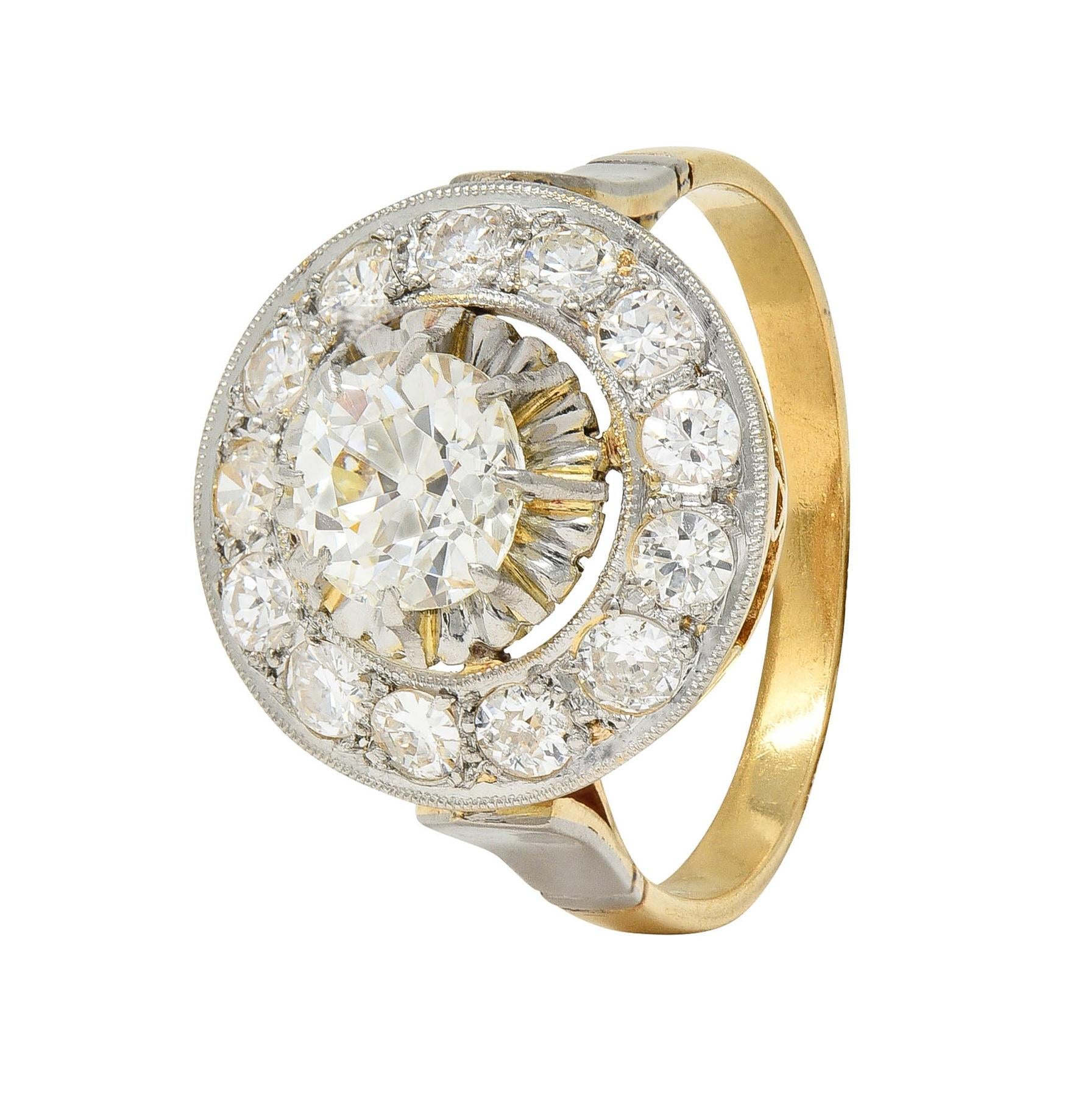 Art Deco 2.00 CTW Mine Cut Diamond Platinum 18 Karat Gold Vintage Halo Ring