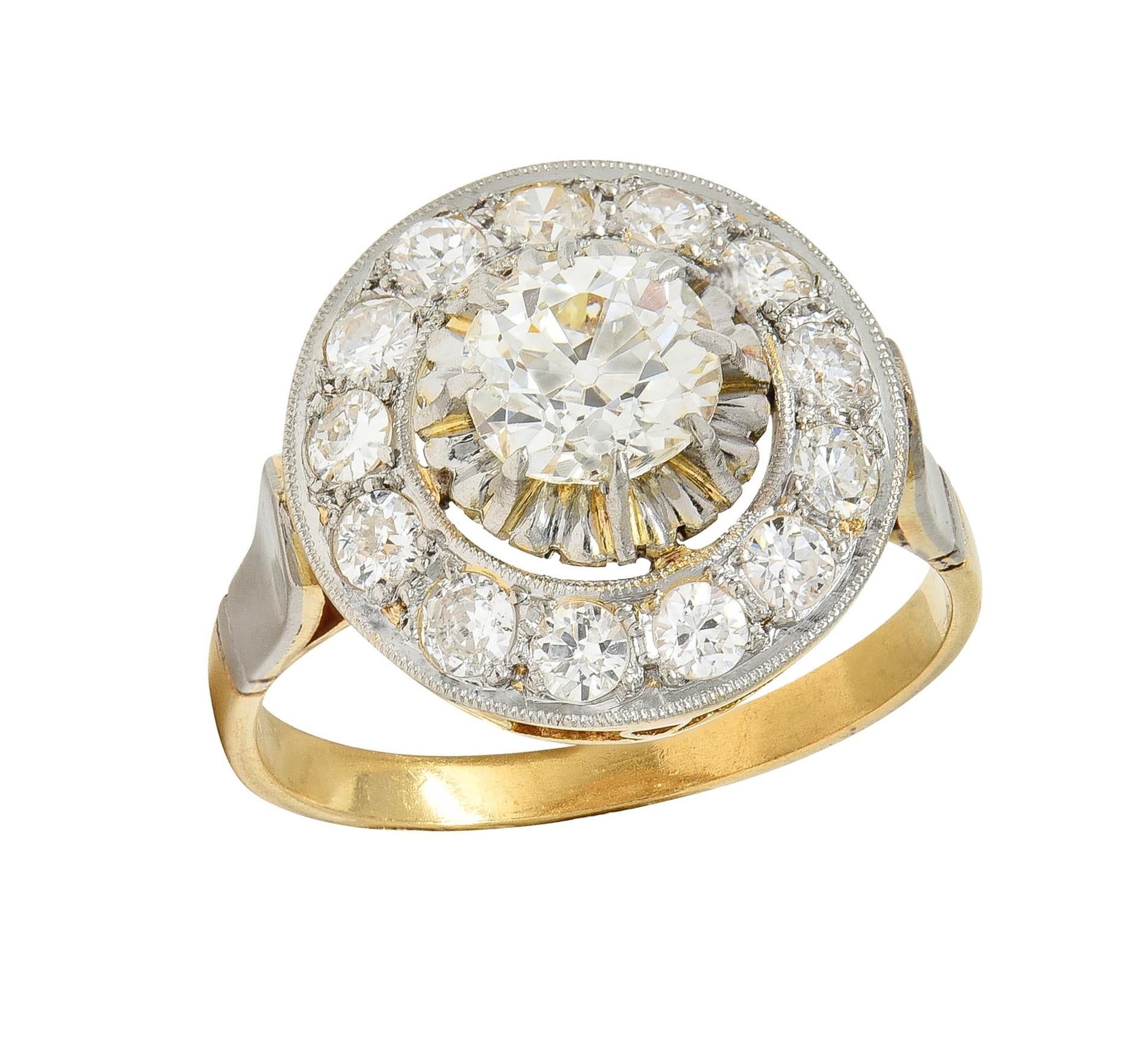 Art Deco 2.00 CTW Mine Cut Diamond Platinum 18 Karat Gold Vintage Halo Ring