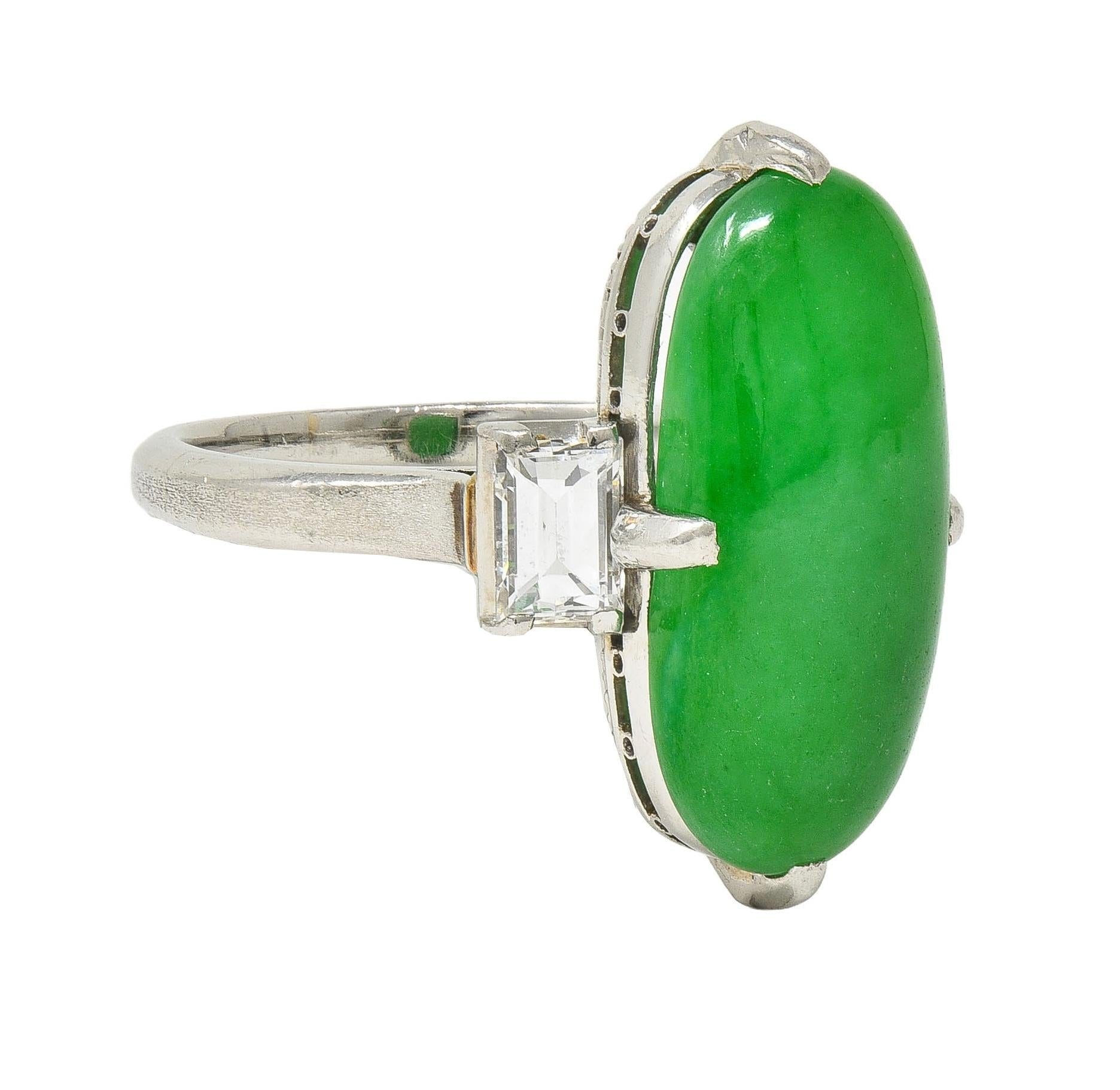 Mid-Century Natural Fei Cui Jadeite Jade Diamond Platinum Vintage Ring GIA