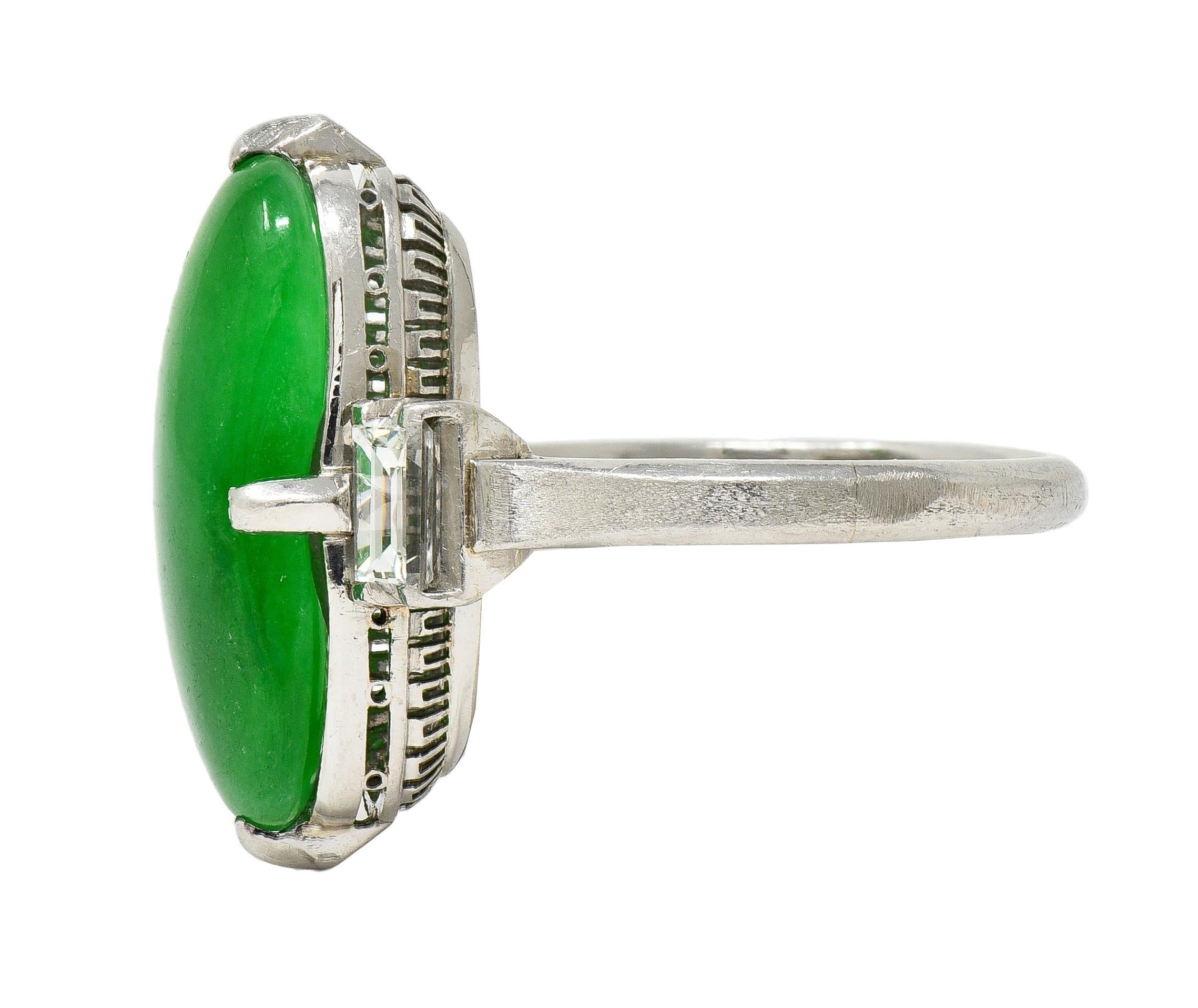 Mid-Century Natural Fei Cui Jadeite Jade Diamond Platinum Vintage Ring GIA