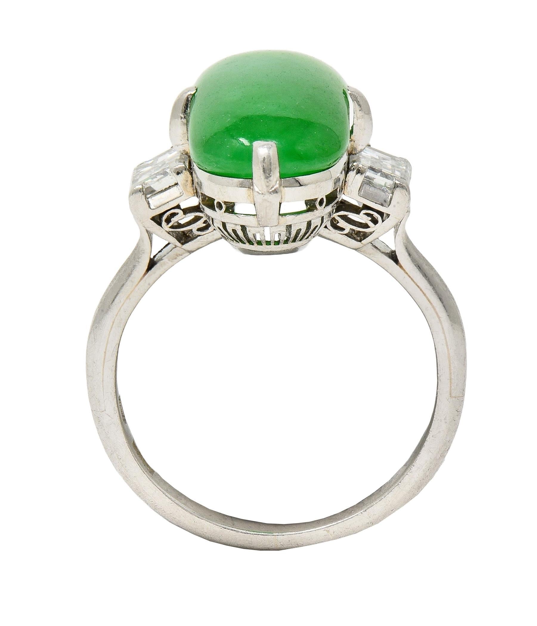 Mid-Century Natural Fei Cui Jadeite Jade Diamond Platinum Vintage Ring GIA