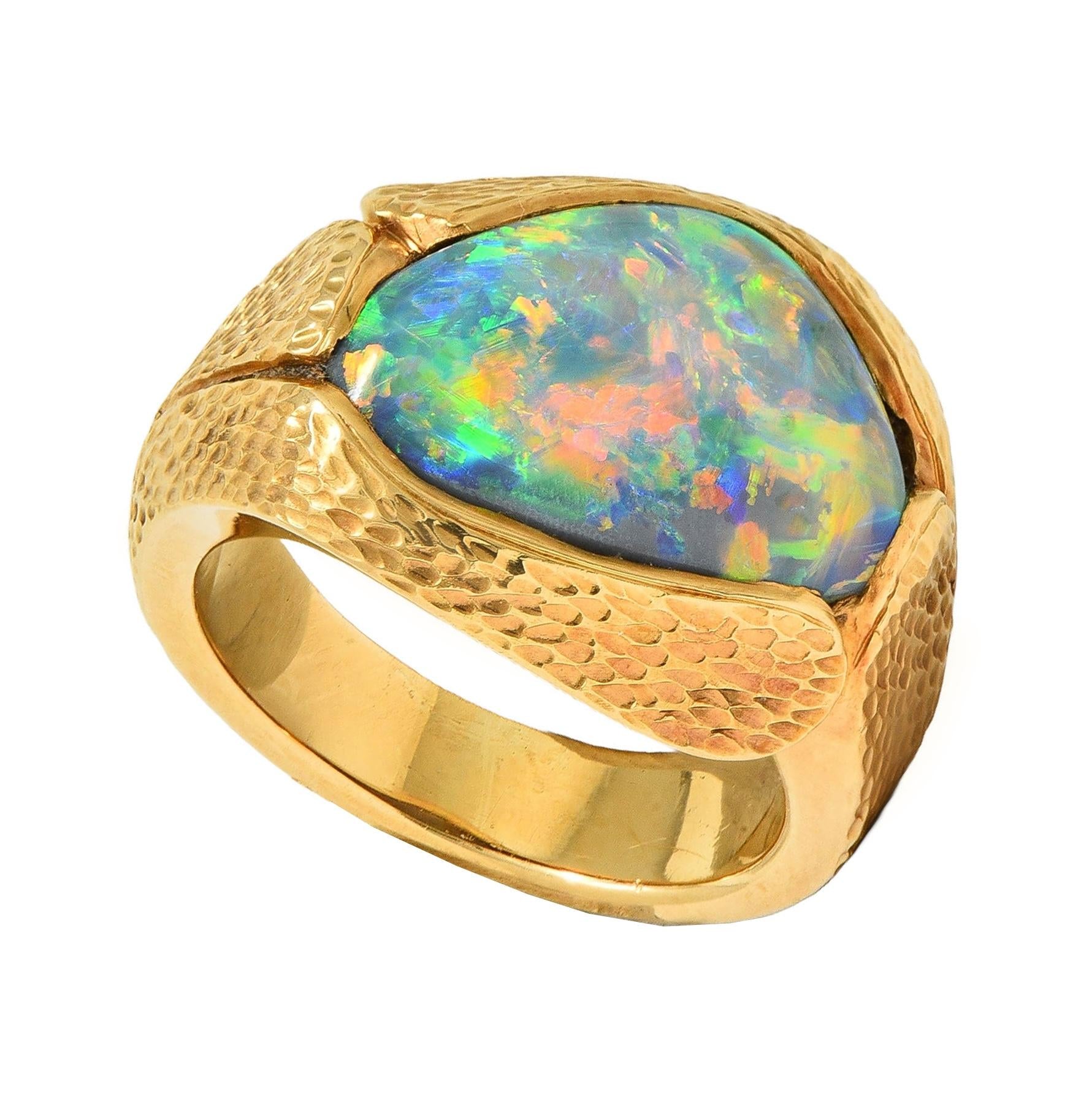 Vintage Natural Gray Opal 18 Karat Yellow Gold Unisex Statement Ring GIA