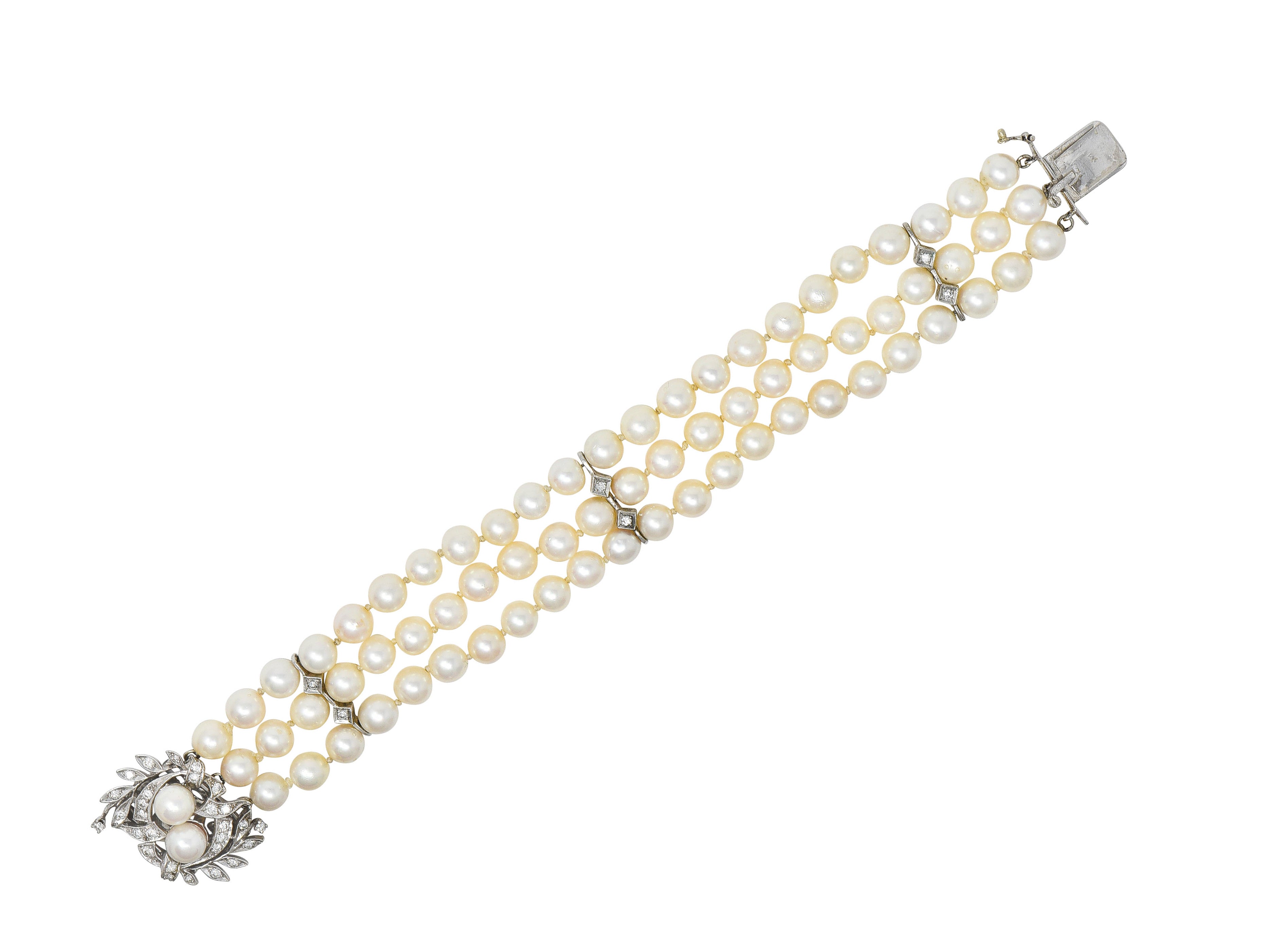 Mid-Century Diamond Pearl 18 Karat White Gold Foliate Multi-Strand Vintage Bracelet Wilson's Estate Jewelry