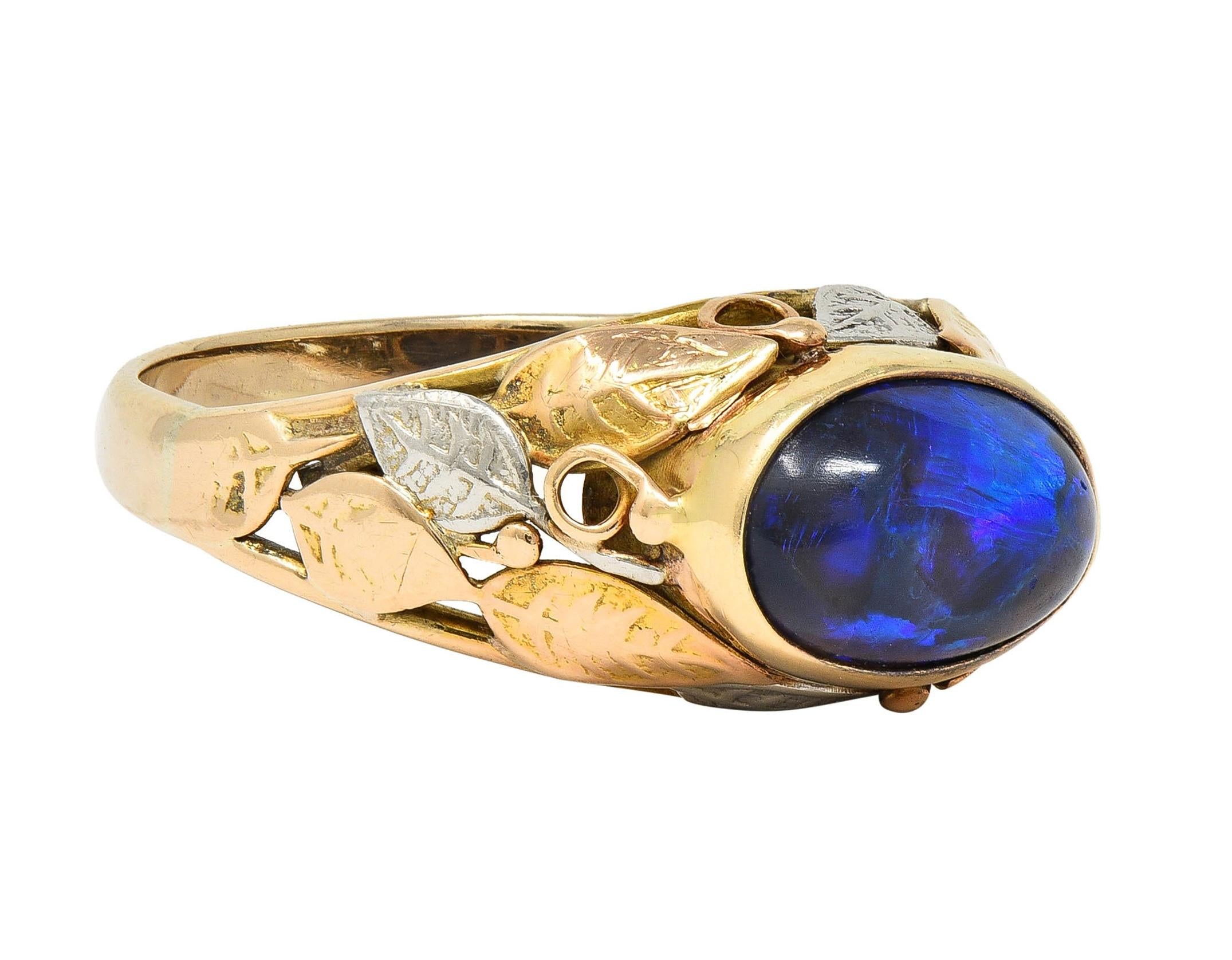 Arts & Crafts Black Opal Platinum 14 Karat Gold Antique Unisex Foliate Ring