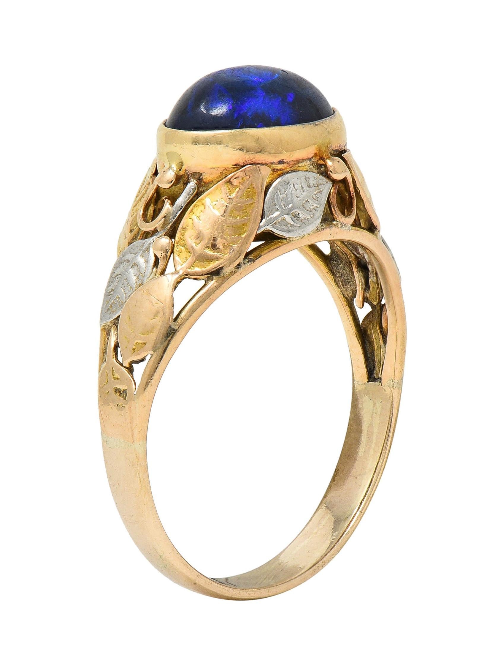 Arts & Crafts Black Opal Platinum 14 Karat Gold Antique Unisex Foliate Ring