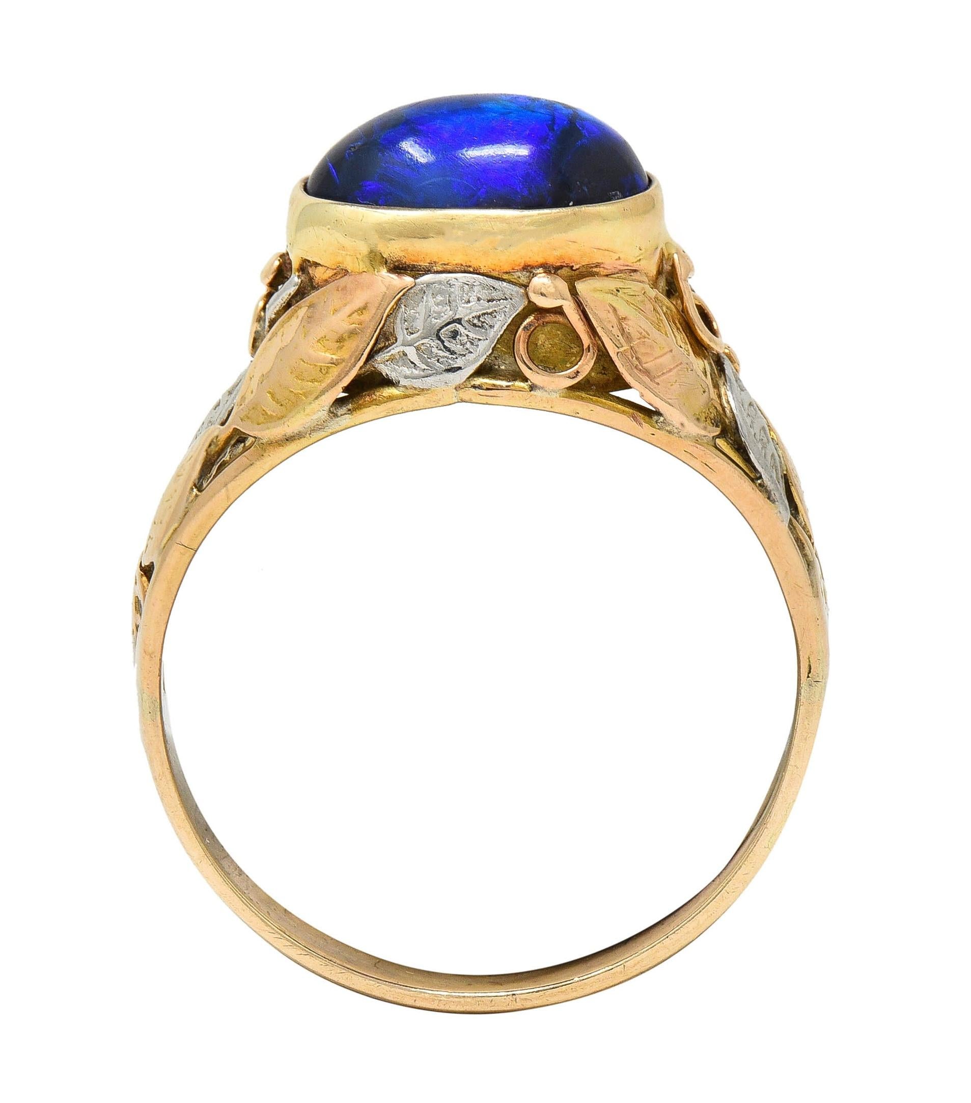 Arts & Crafts Black Opal Platinum 14 Karat Gold Antique Unisex Foliate Ring