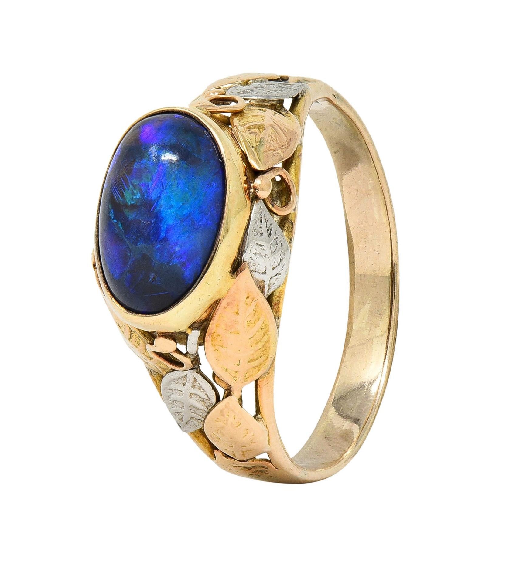 Arts & Crafts Black Opal Platinum 14 Karat Gold Antique Unisex Foliate Ring