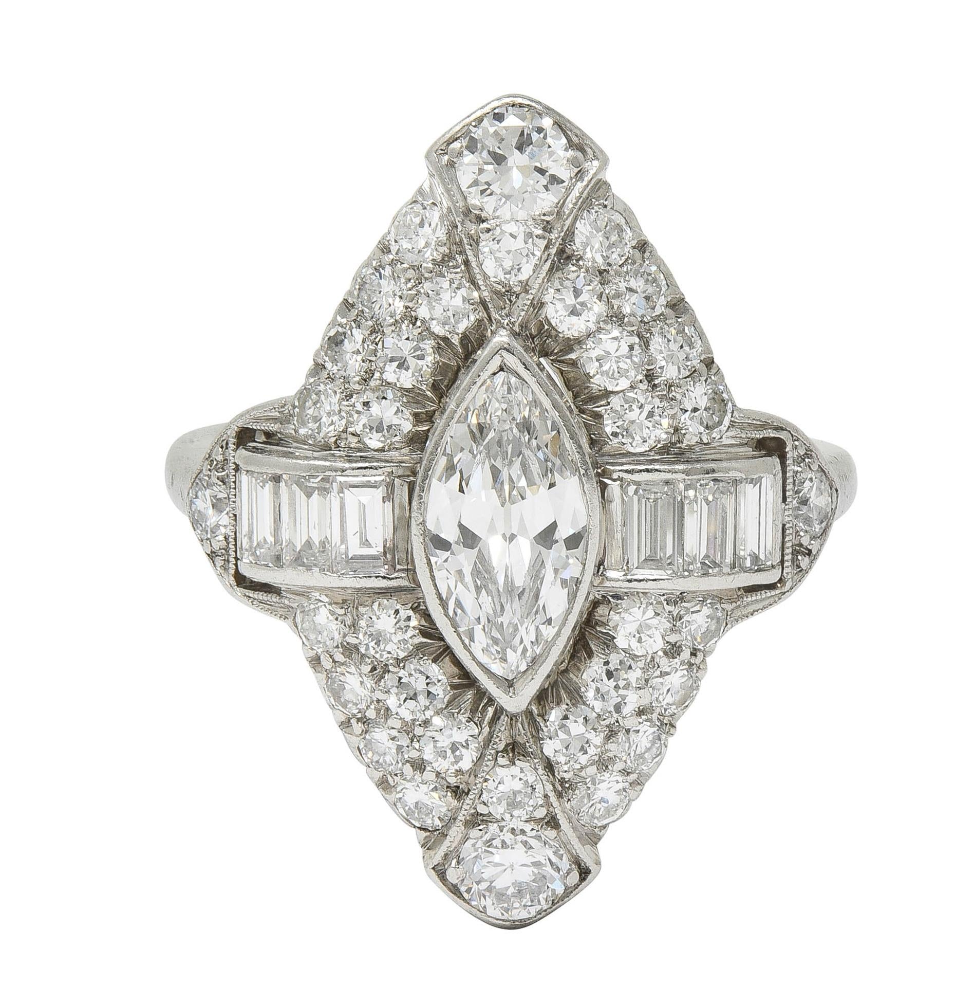 Art Deco Marquise Cut Diamond Platinum Navette Buckle Vintage Dinner Ring