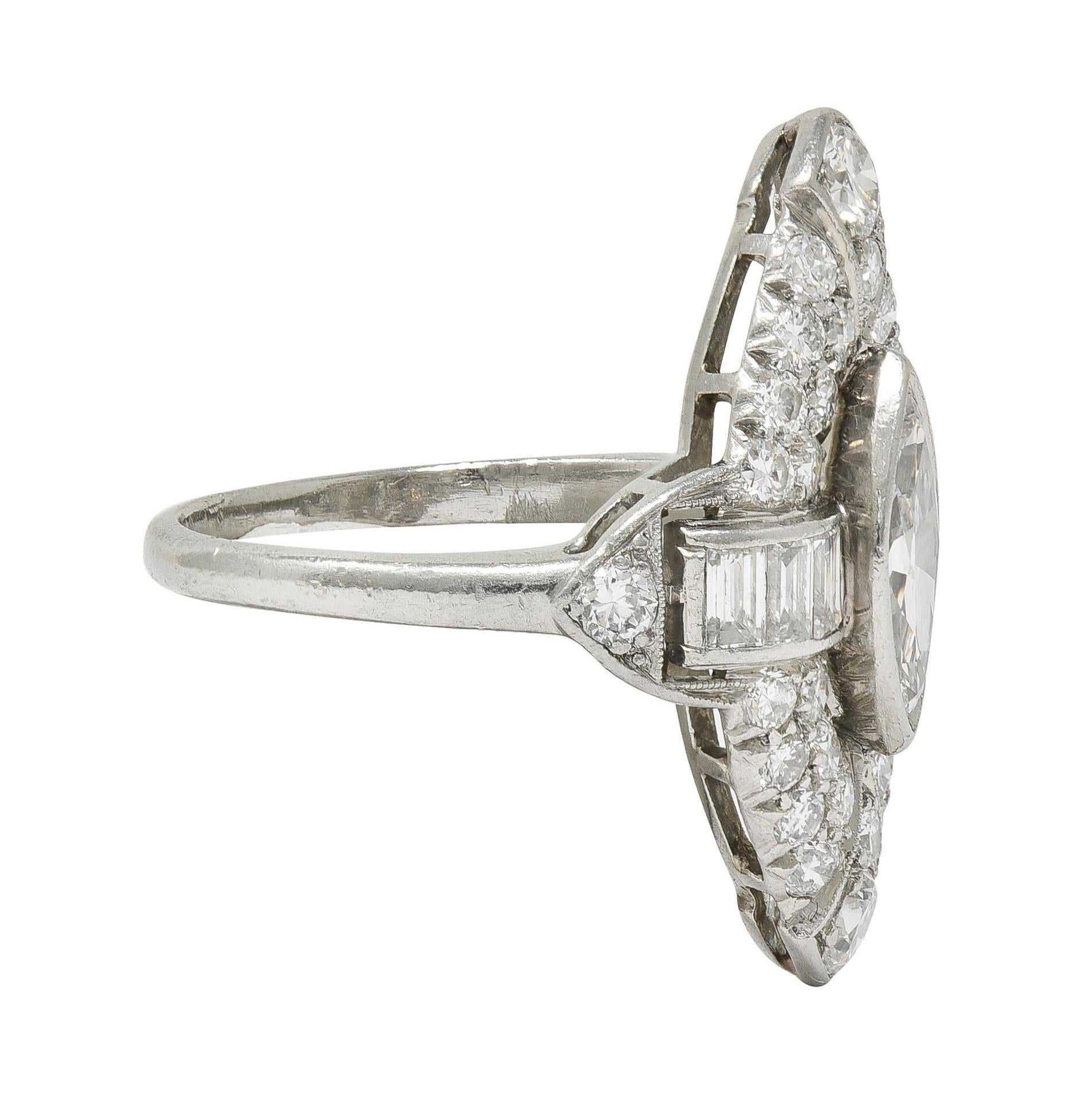 Art Deco Marquise Cut Diamond Platinum Navette Buckle Vintage Dinner Ring