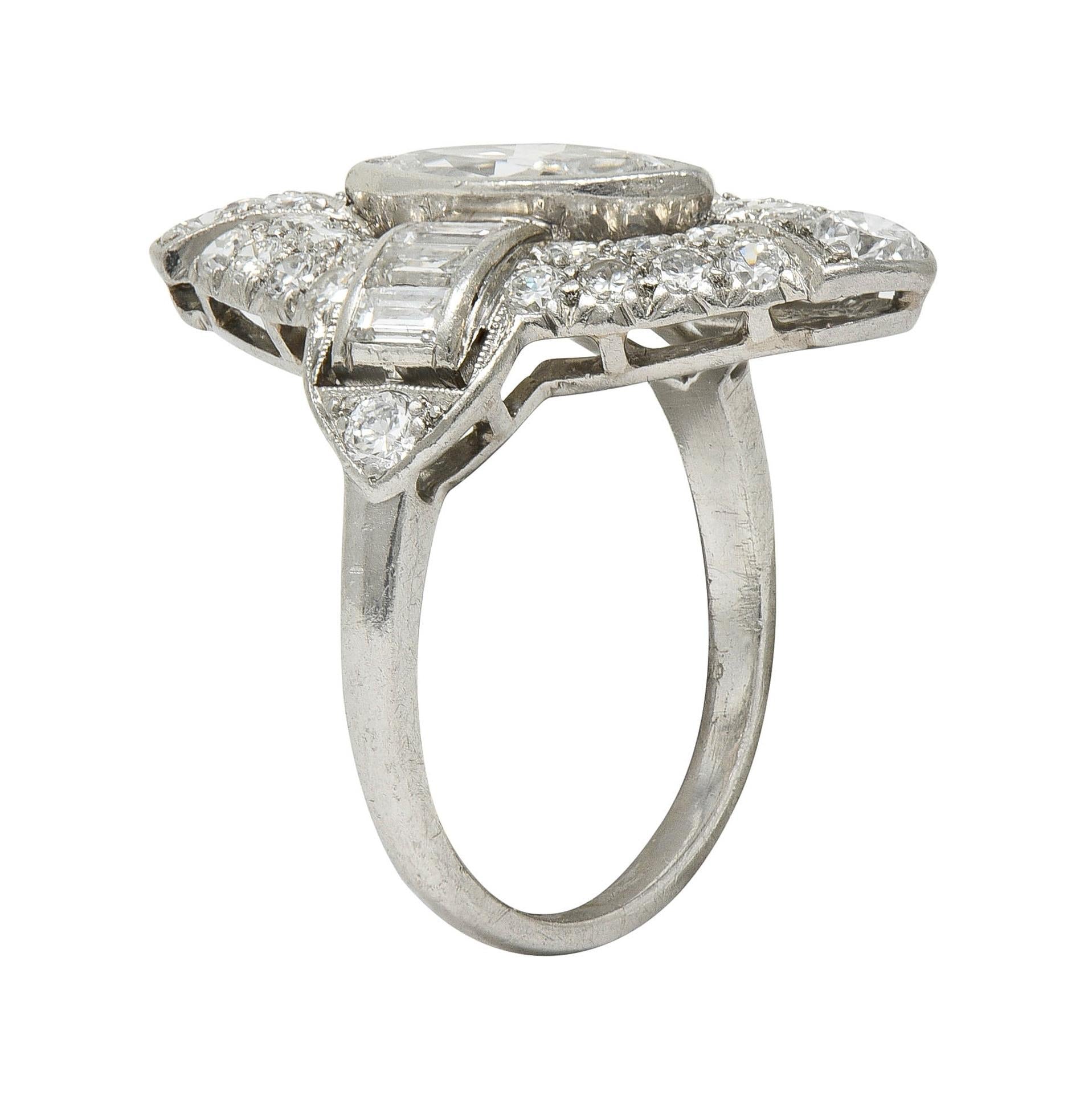 Art Deco Marquise Cut Diamond Platinum Navette Buckle Vintage Dinner Ring