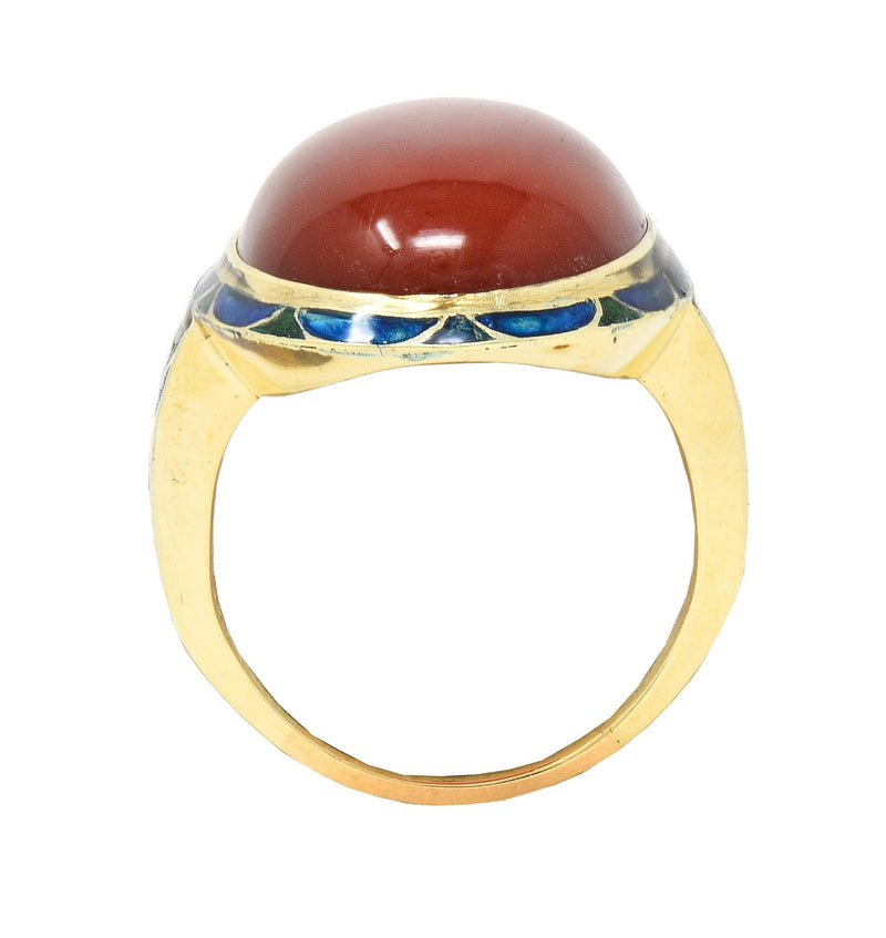 Early Art Deco Carnelian Enamel 14 Karat Yellow Gold Antique Jones Woodland Ring