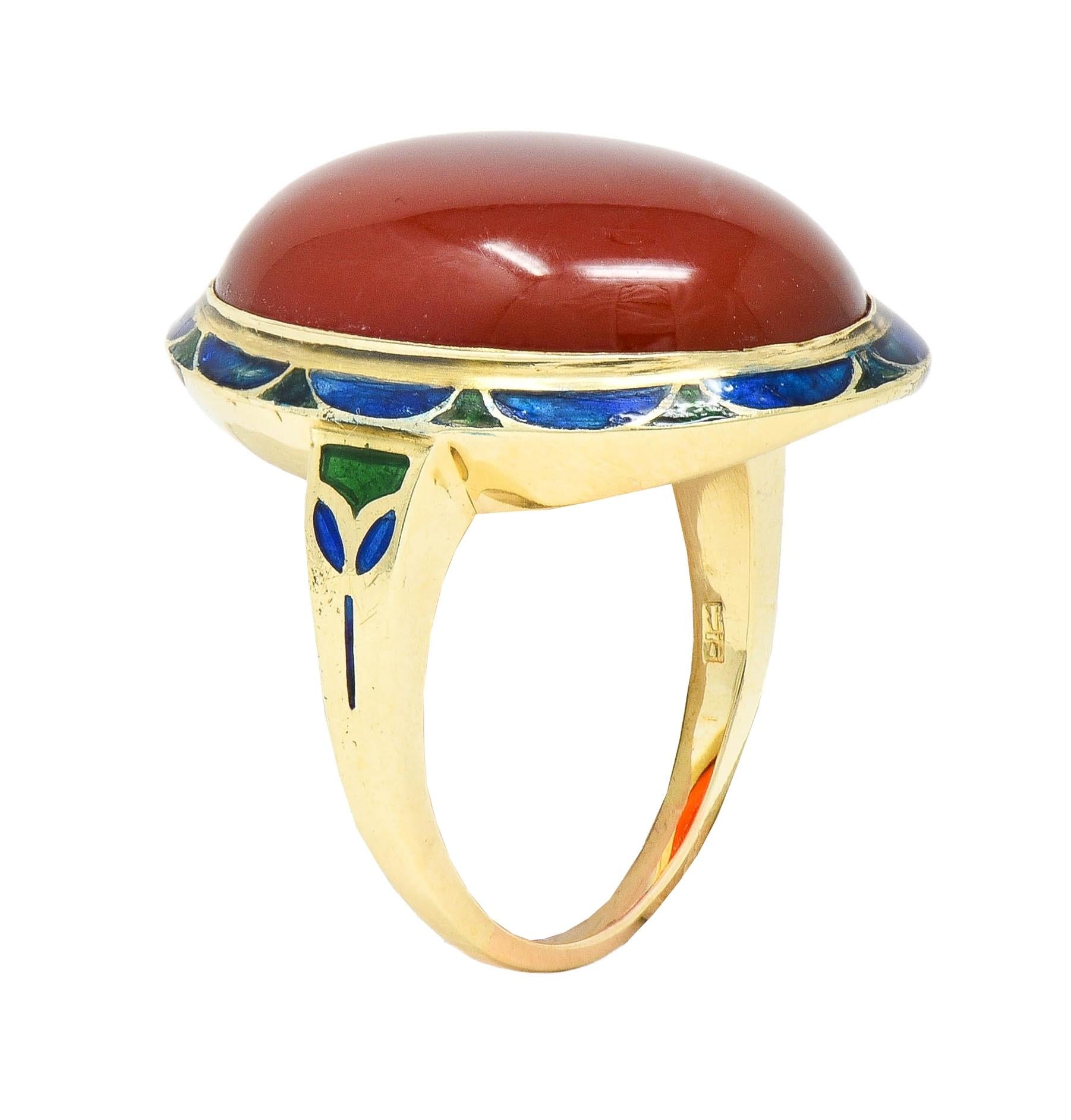 Early Art Deco Carnelian Enamel 14 Karat Yellow Gold Antique Jones Woodland Ring