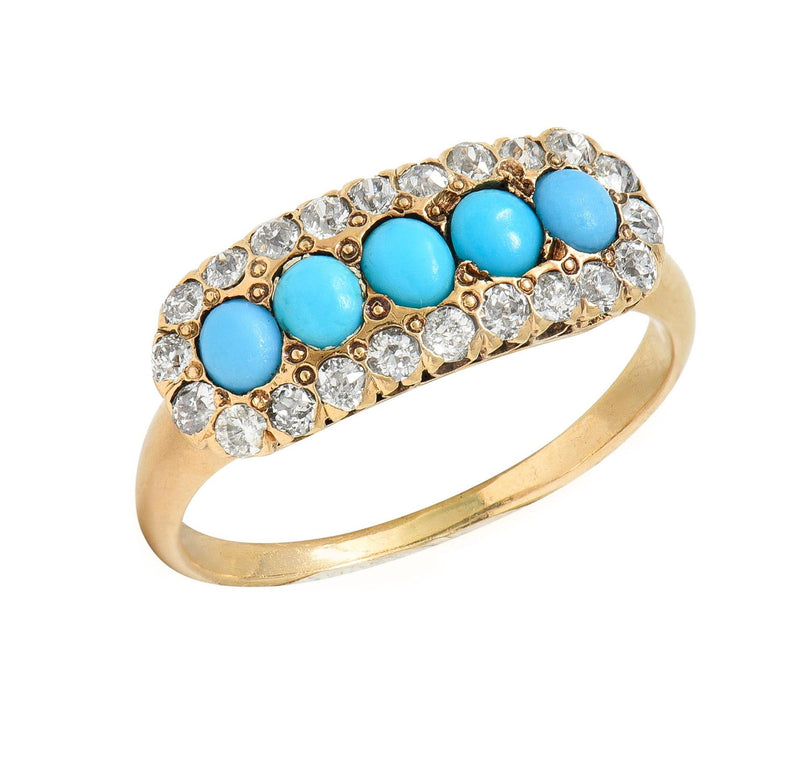 Victorian Diamond Turquoise Cabochon 14 Karat Yellow Gold Antique Cluster Ring
