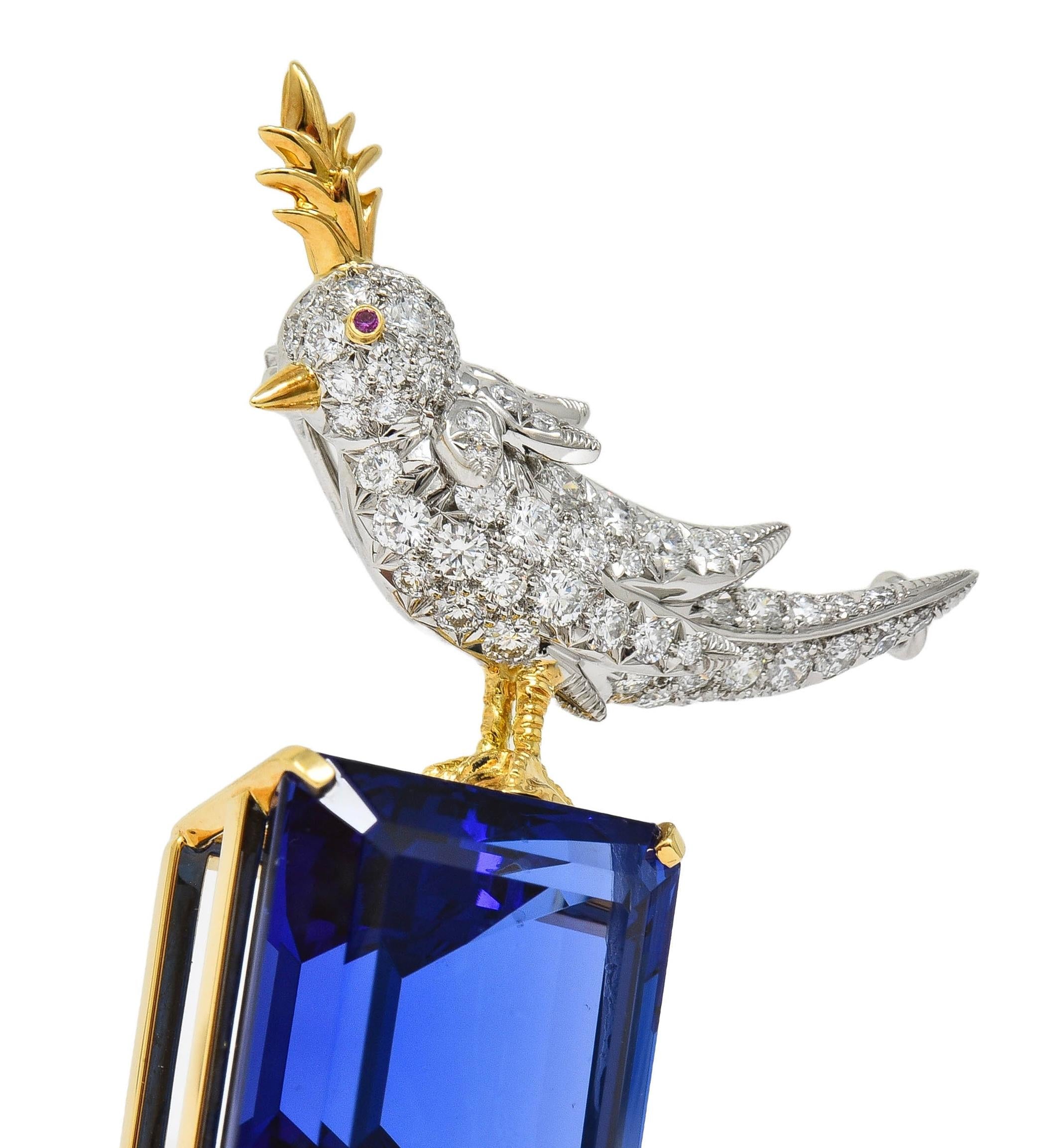 Tiffany & Co. Schlumberger Tanzanite Platinum 18K Brooch Bird On A Rock Brooch