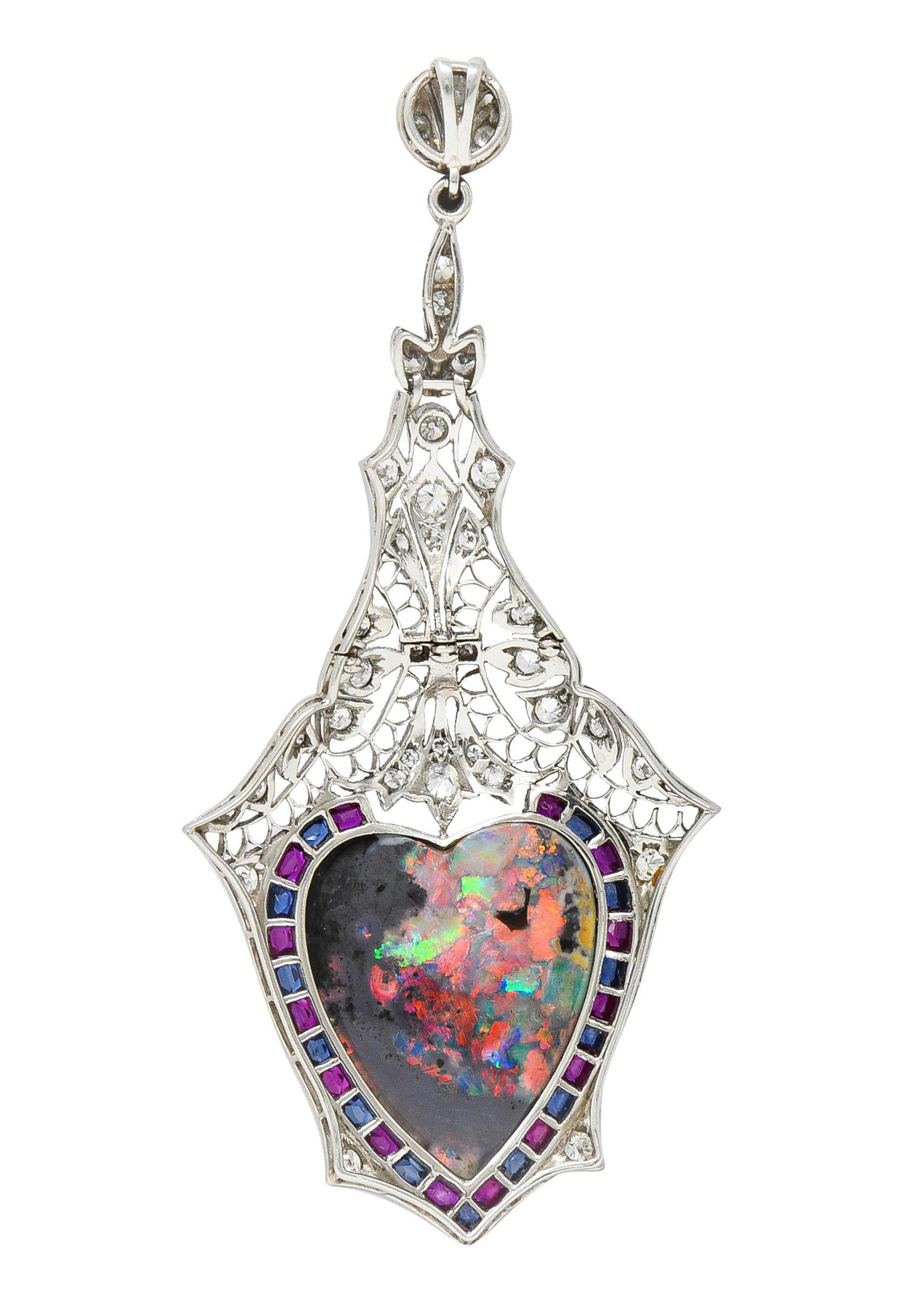 Edwardian 9.64 CTW Diamond Sapphire Ruby Heart Shaped Black Opal Antique Pendant