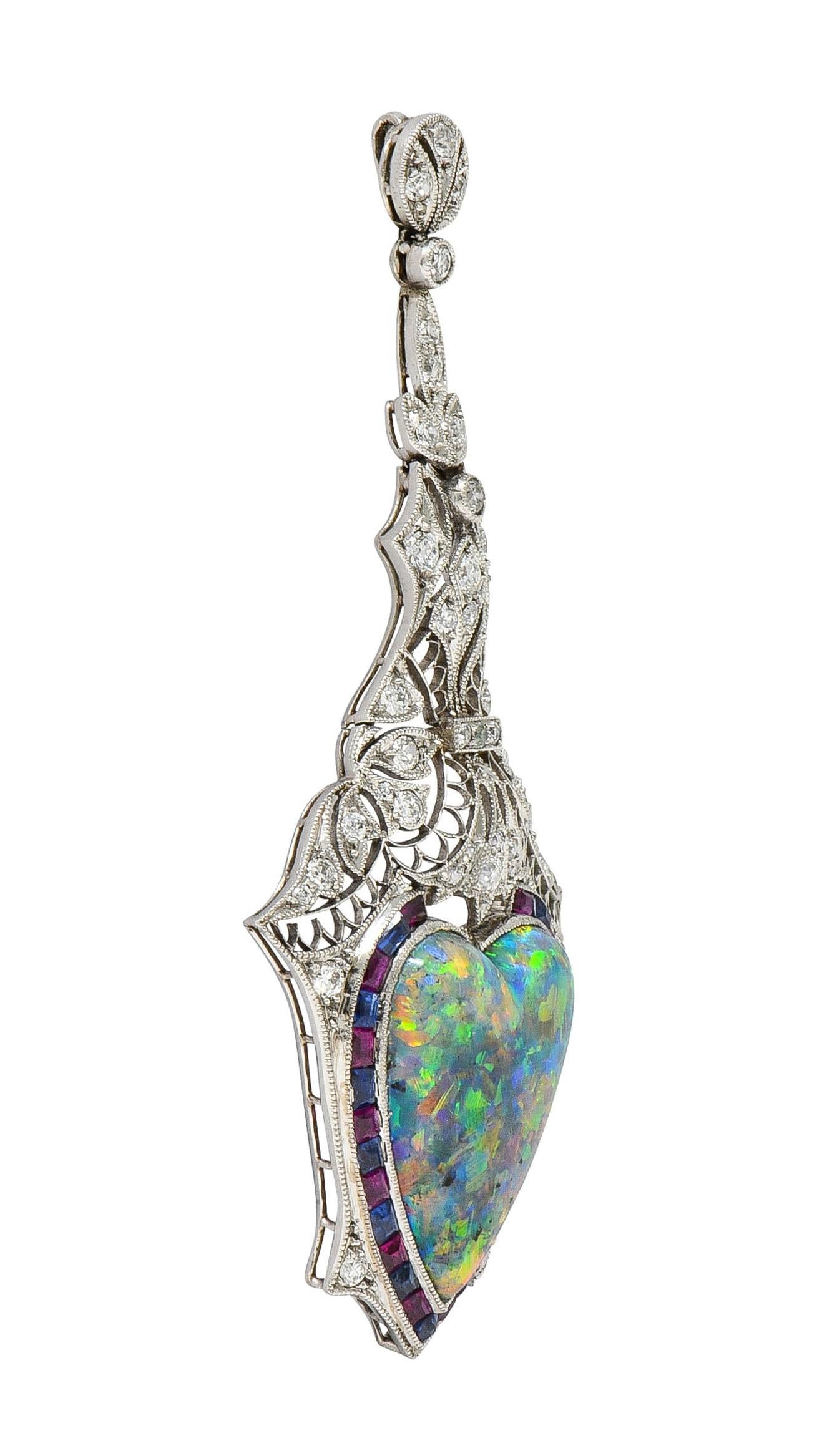 Edwardian 9.64 CTW Diamond Sapphire Ruby Heart Shaped Black Opal Antique Pendant