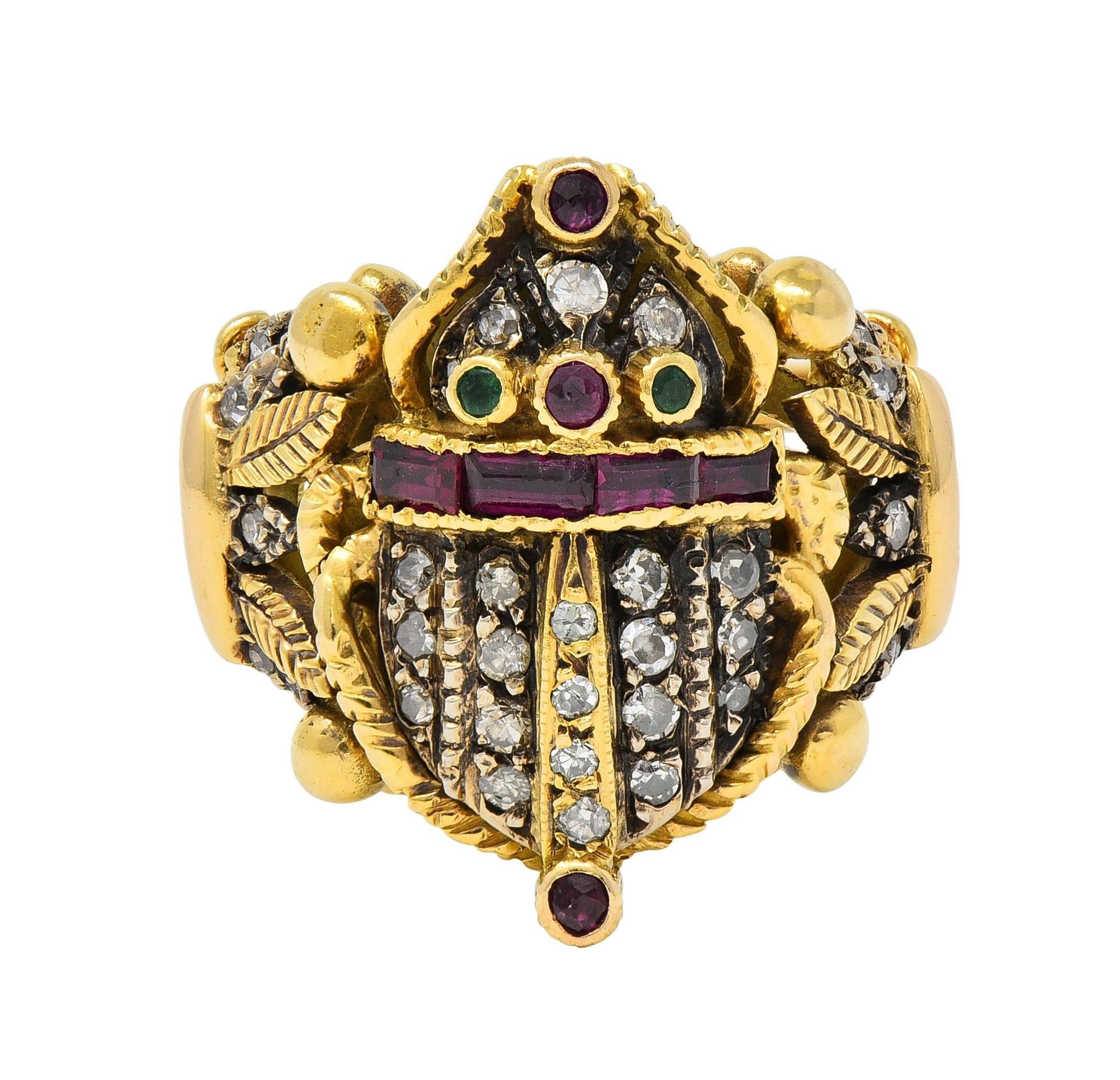 Mid-Century 1.32 CTW Diamond Emerald Ruby 18 Karat Gold Antique Scarab Ring