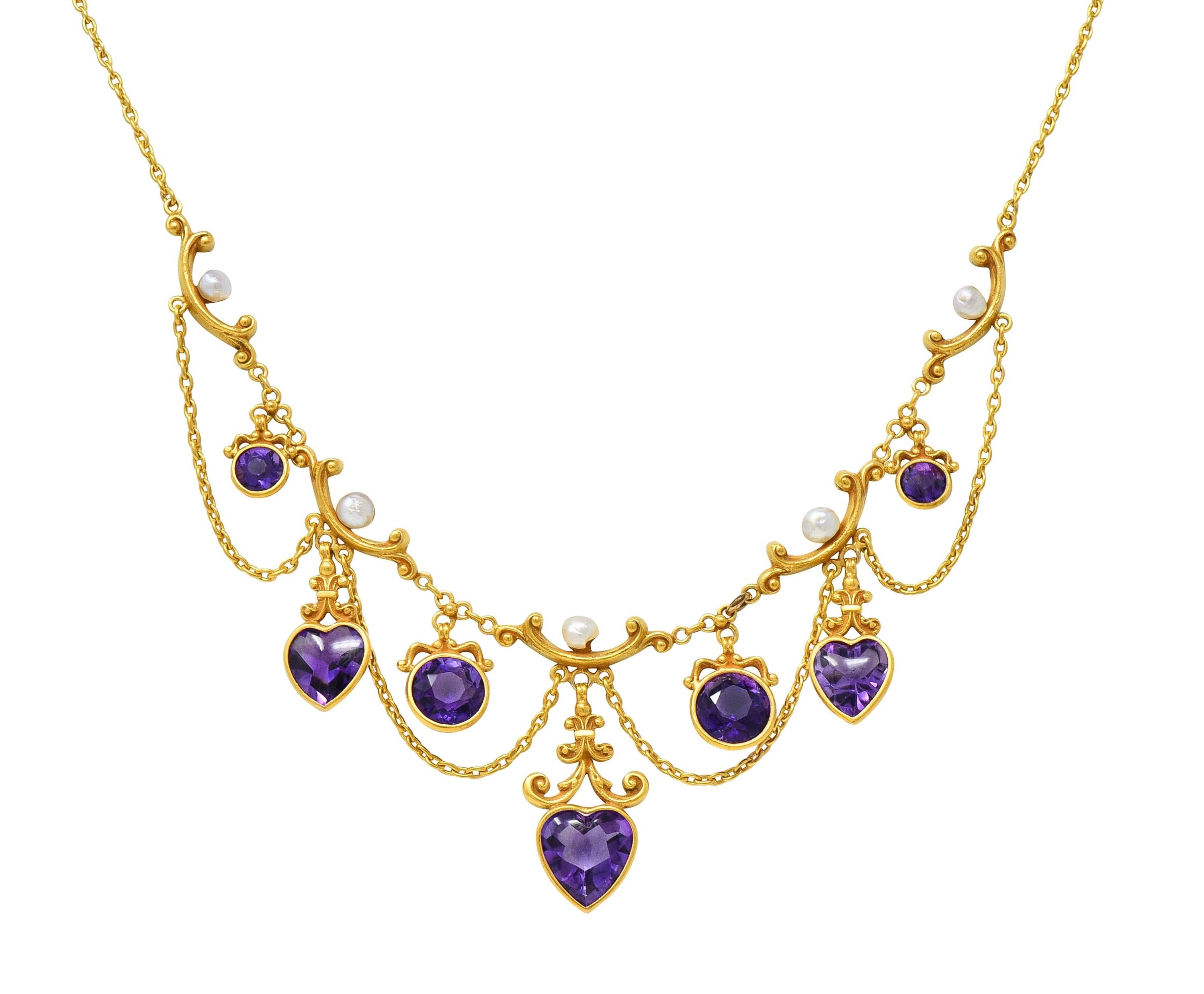 Victorian Amethyst Pearl 14 Karat Yellow Gold Antique Swagged Heart Necklace