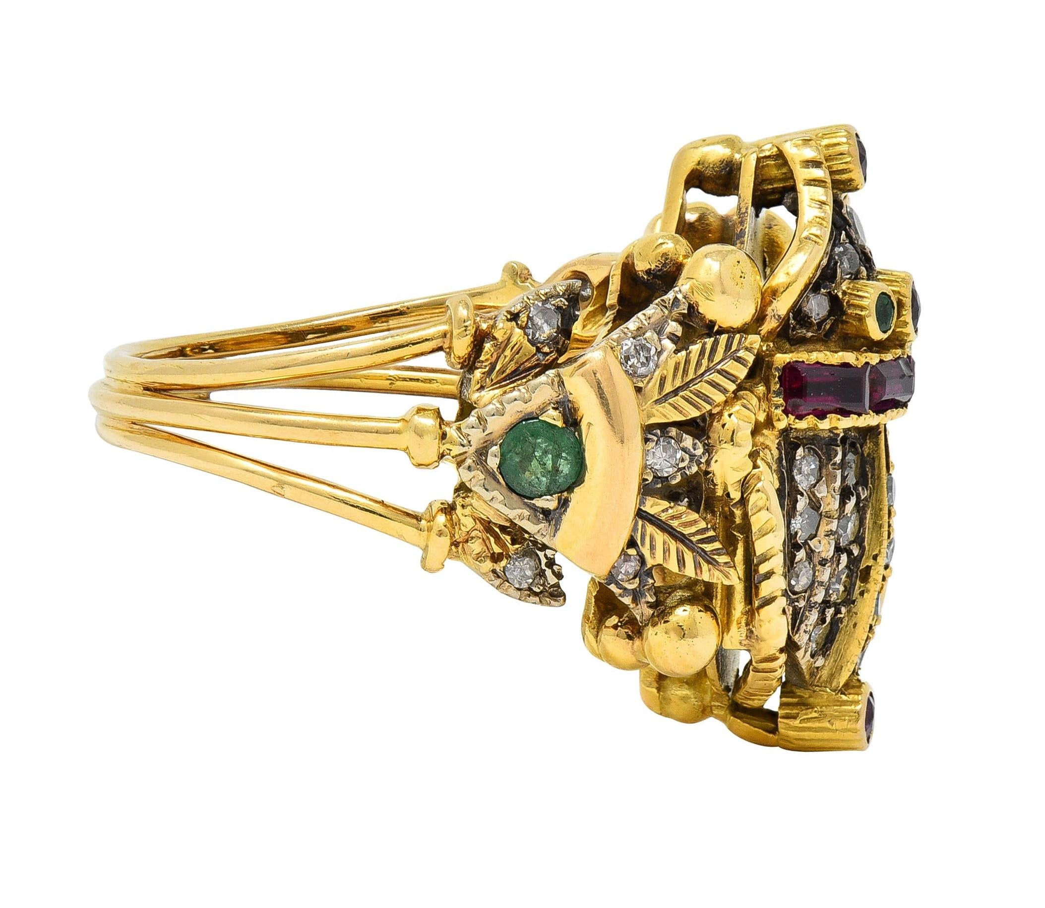 Mid-Century 1.32 CTW Diamond Emerald Ruby 18 Karat Gold Antique Scarab Ring