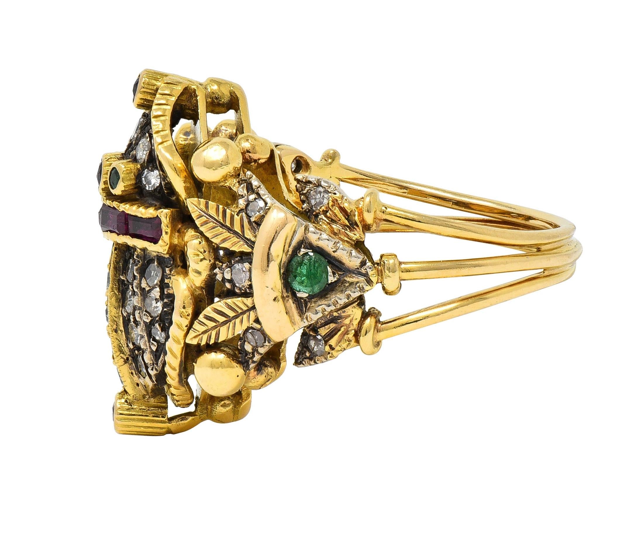 Mid-Century 1.32 CTW Diamond Emerald Ruby 18 Karat Gold Antique Scarab Ring