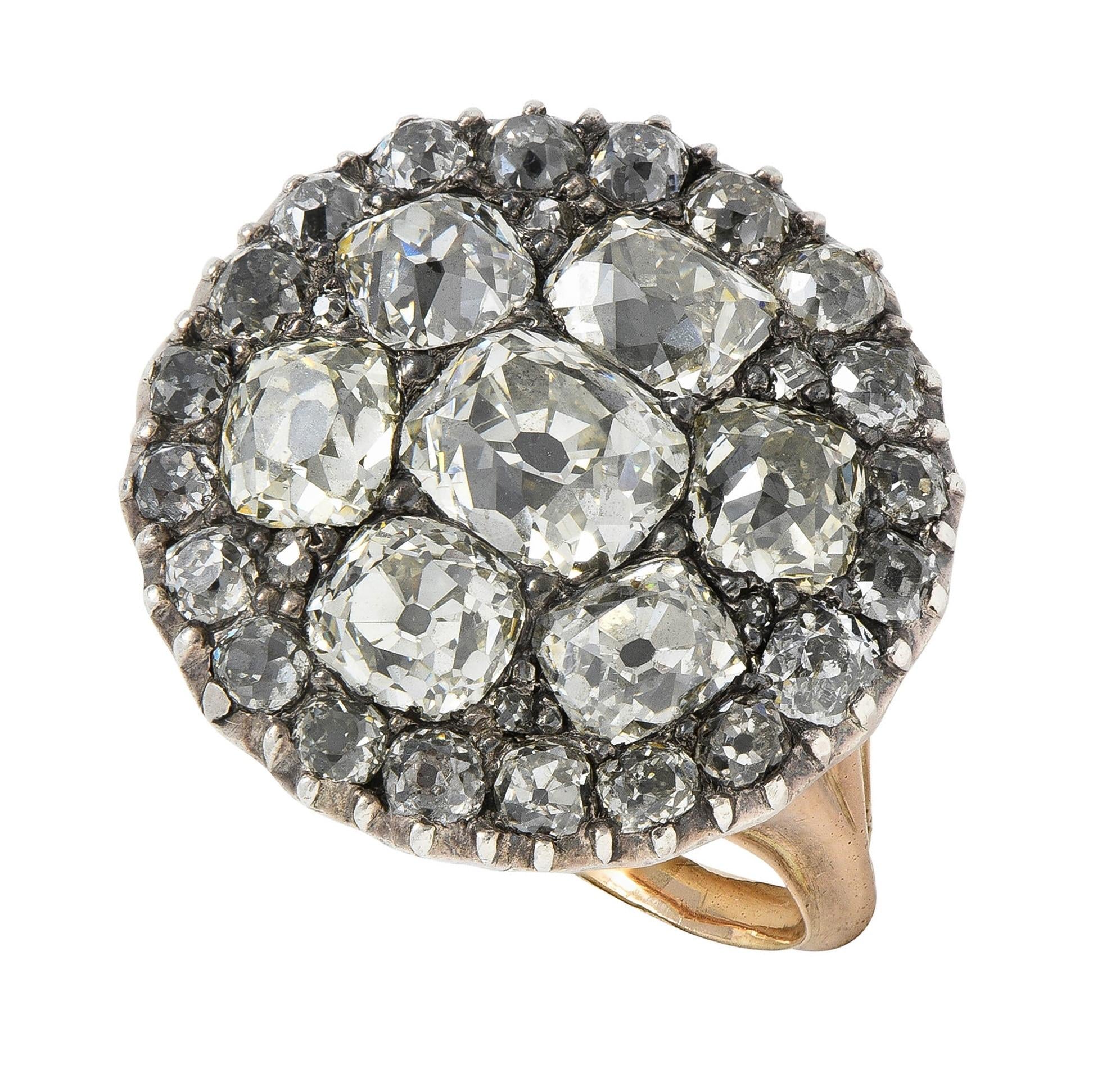 Georgian 7.49 CTW Old Mine Diamond Silver-Topped 14K Gold Antique Button Ring