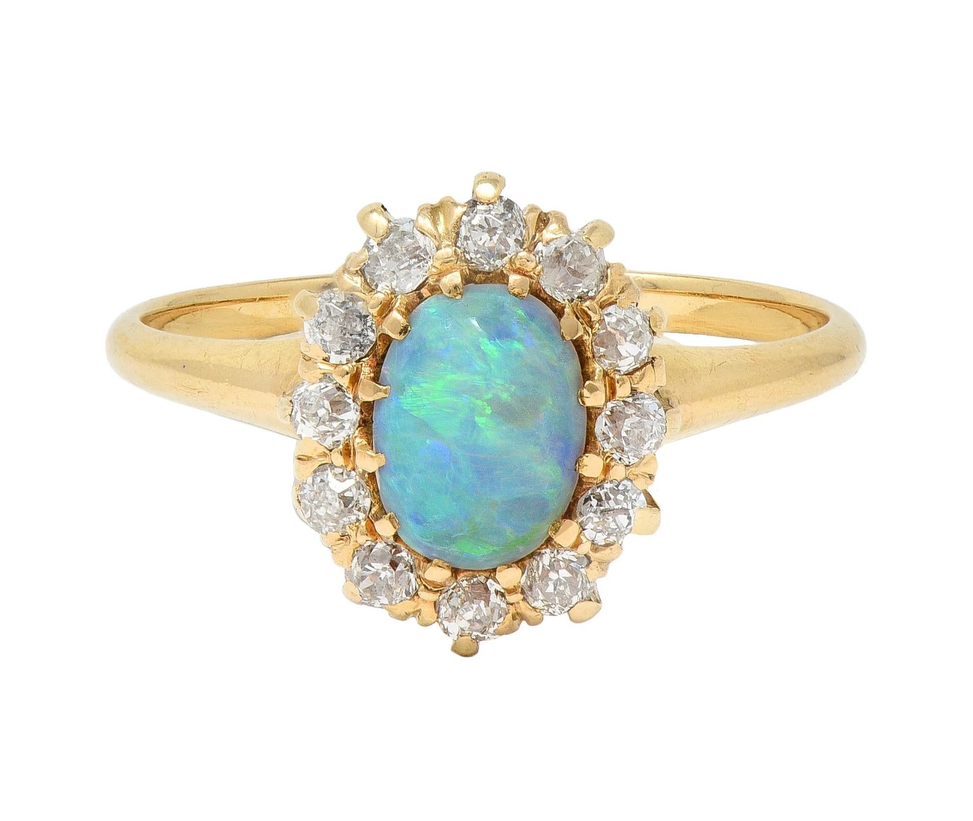 Victorian Diamond Opal 14 Karat Yellow Gold Antique Halo Ring