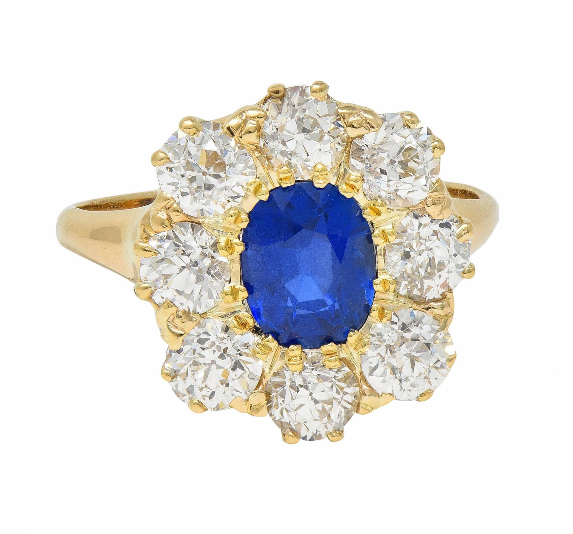 Victorian 3.20 CTW No Heat Burma Sapphire Diamond 14K Gold Antique Halo Ring GIA