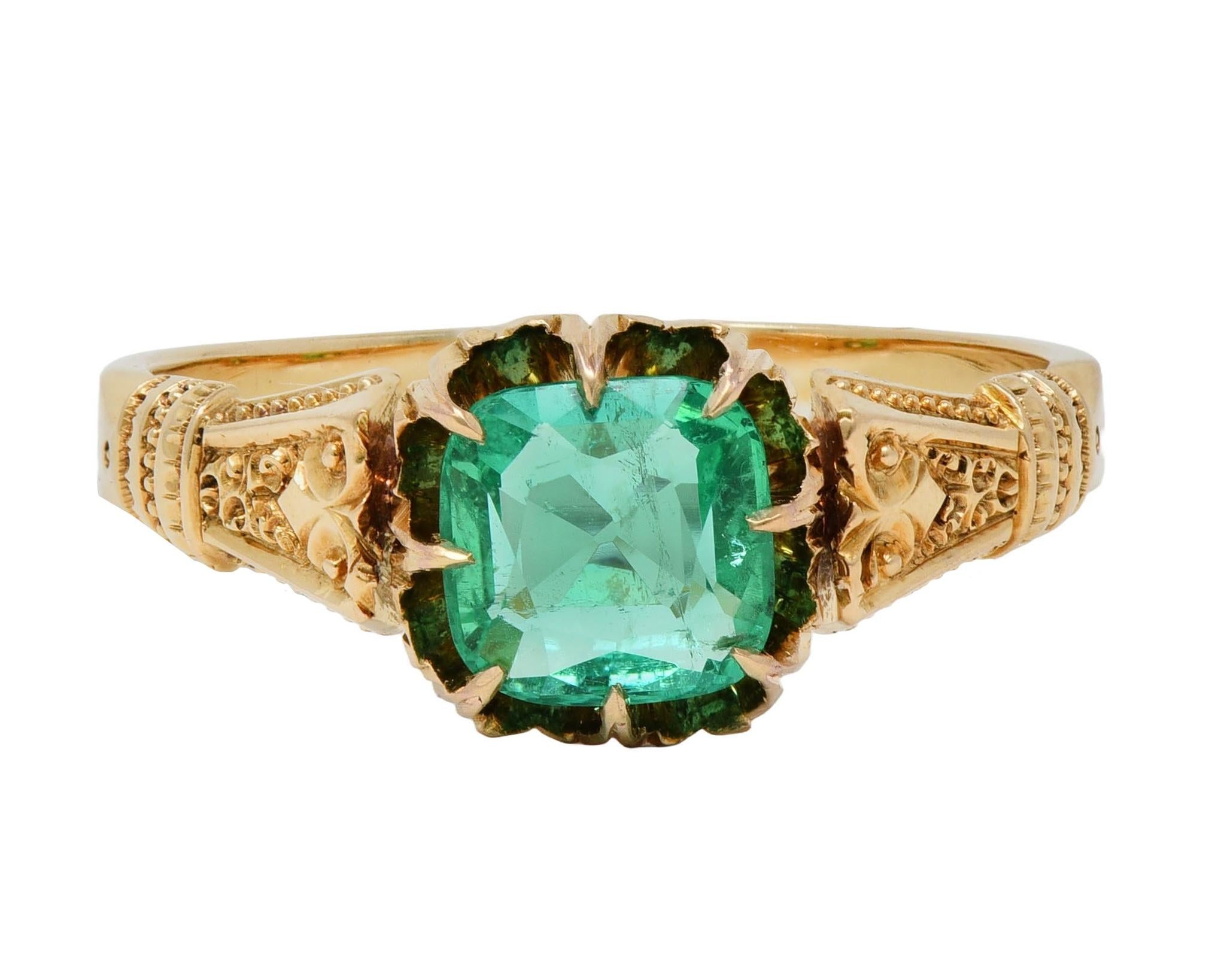 Victorian 1.20 CTW Cushion Cut Emerald 18 Karat Yellow Gold Antique Belcher Ring