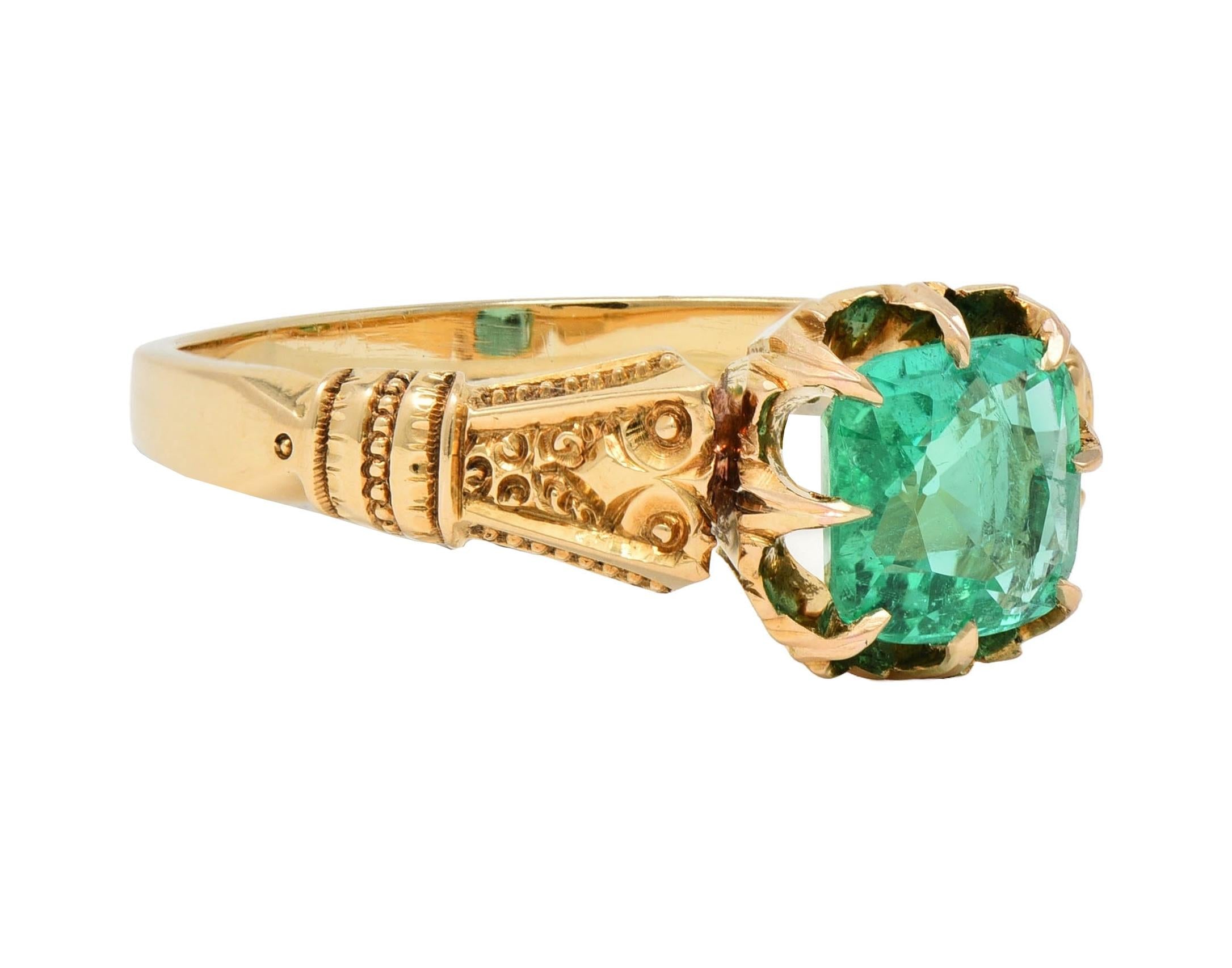 Victorian 1.20 CTW Cushion Cut Emerald 18 Karat Yellow Gold Antique Belcher Ring